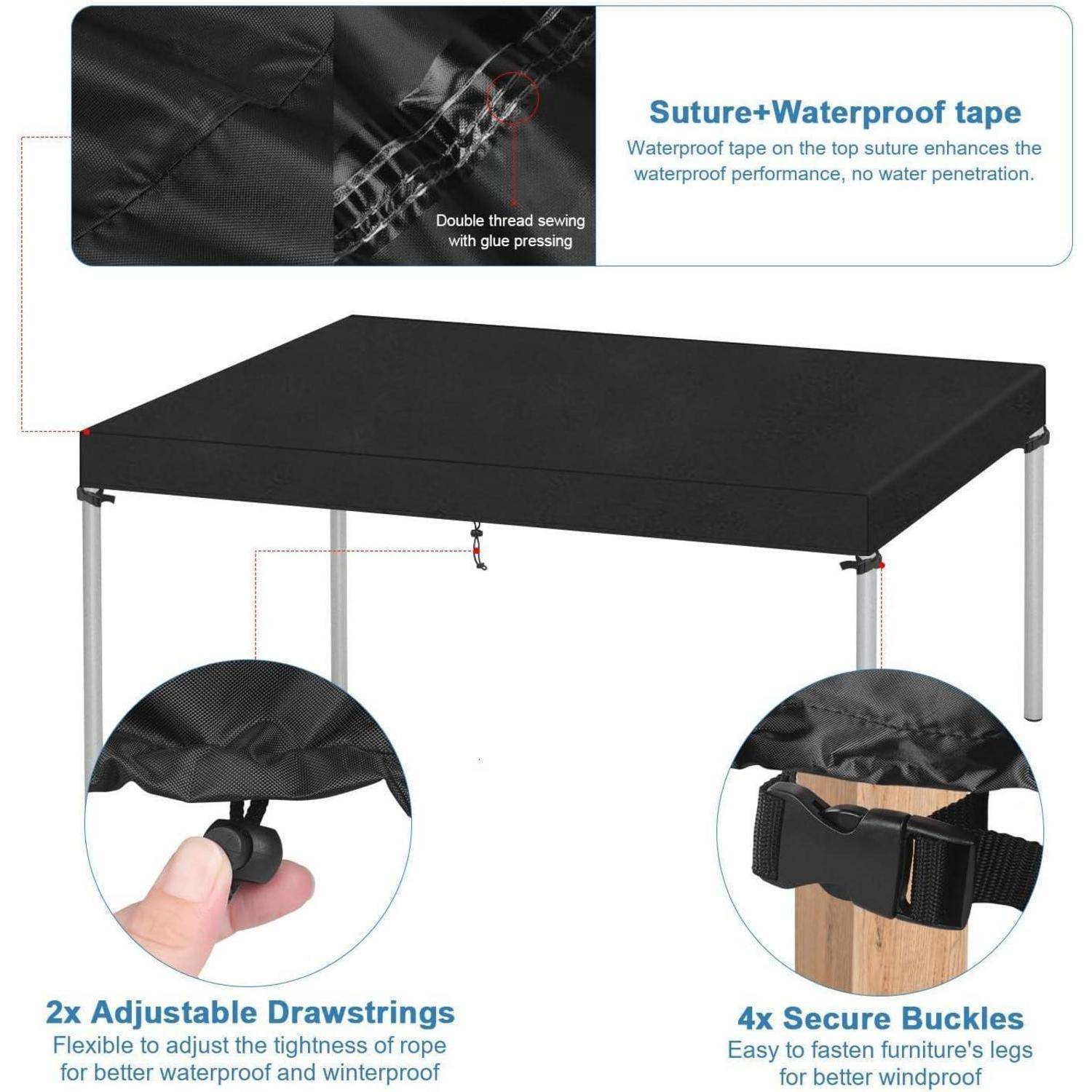 Schwarze Möbelbezug mit haltbarer Naht und wasserdichtem Klebeband. Zu den Merkmalen gehören verstellbare Kordelzüge und sichere Schnallen zur Windabdichtung.