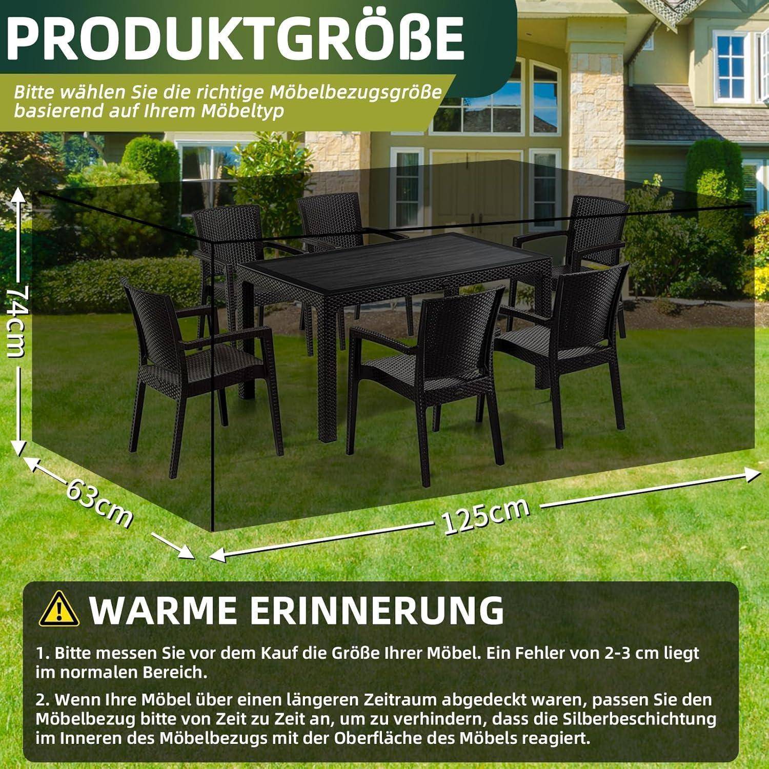 Gartenmöbel-Set mit Esstisch und sechs Stühlen auf Rasen. Maße: Tisch 125 cm lang, 74 cm hoch, 63 cm Abstand zwischen den Beinen. Deutscher Text liefert Informationen zu Möbelgröße und Pflegehinweisen.