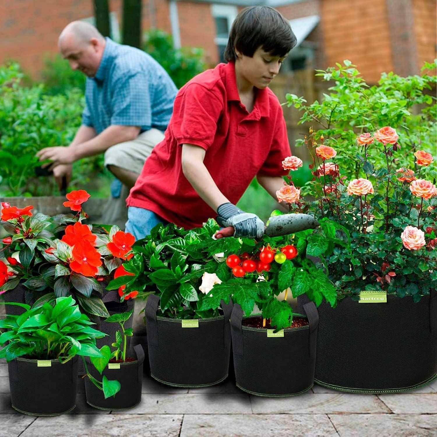Ein Mann und ein Junge in einem Garten. Der Junge, gekleidet in einem roten Hemd, pflegt bunte Blumen und Pflanzen in Töpfen, während der Mann im Hintergrund arbeitet.