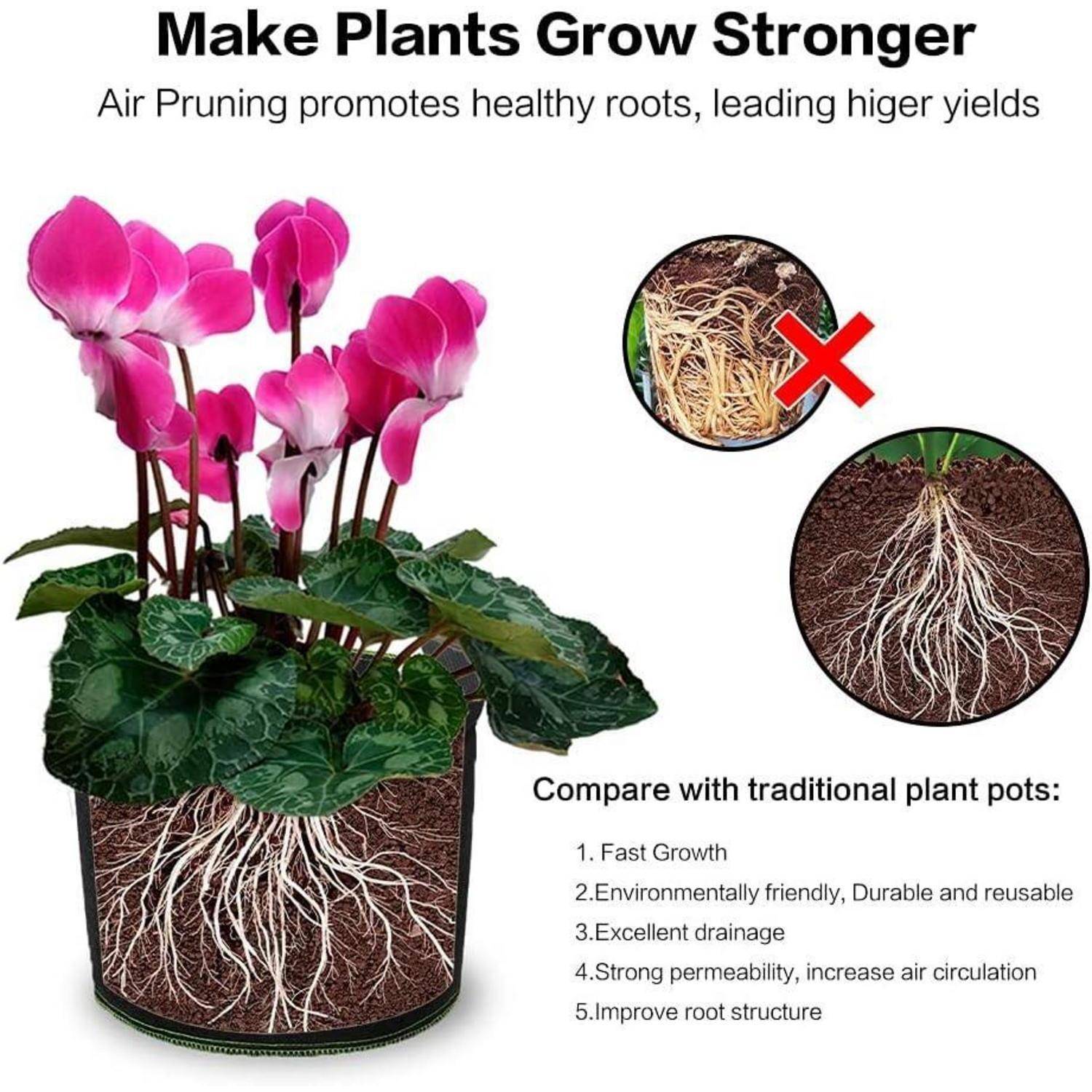 Diagramm mit der Aufschrift 'Lässt Pflanzen stärker wachsen' mit Luftschnitt-Methode. Cyclamenpflanze in einem Topf mit freigelegten Wurzeln. Vorteile umfassen schnelles Wachstum, verbesserte Wurzelstruktur und Vergleichsvorteile gegenüber herkömmlichen Töpfen.