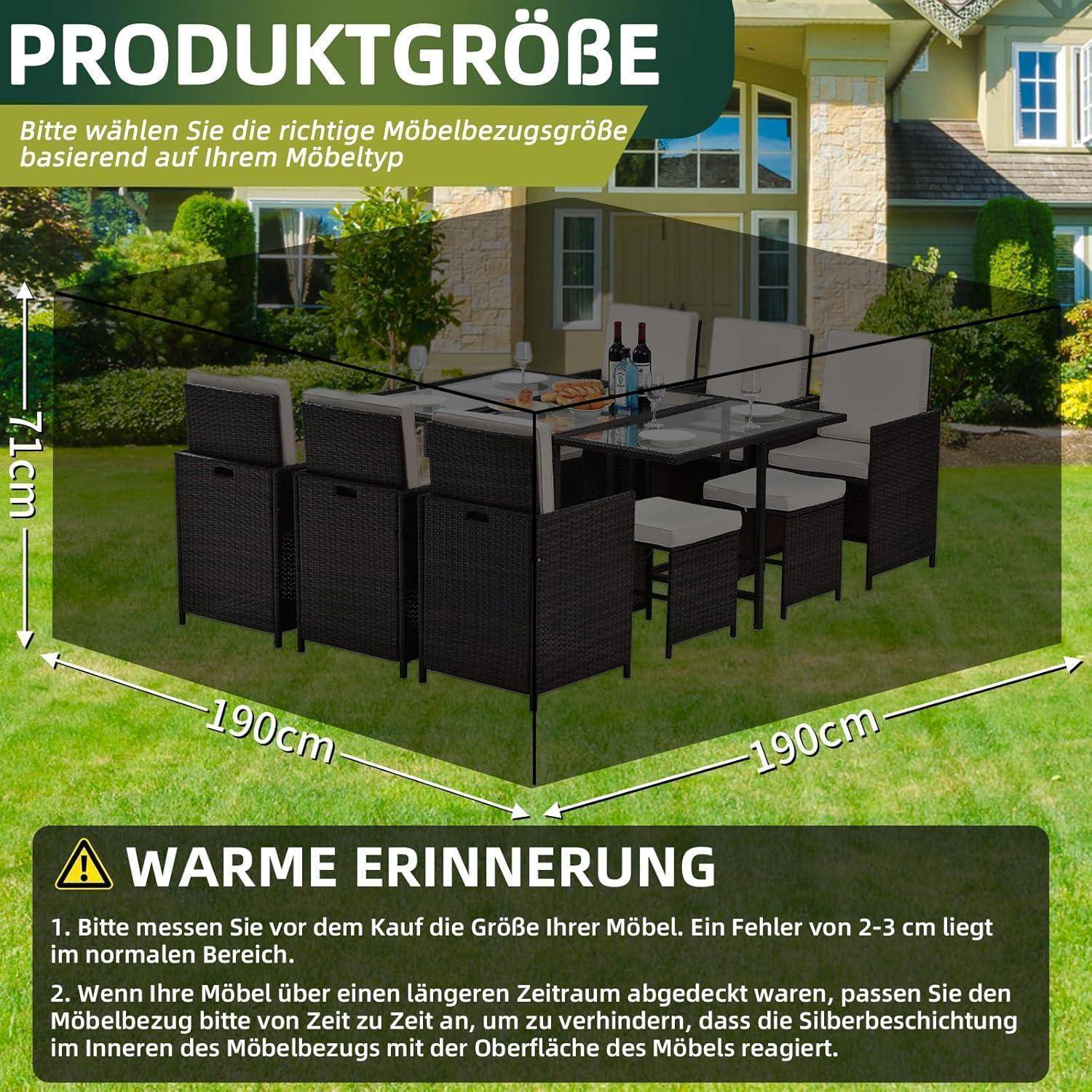 Outdoor-Essgruppe mit sechs Rattanstühlen und einem Glastisch auf Rasen. Pfeile zeigen Abmessungen an: 190 cm Breite und Tiefe, 71 cm Höhe. Deutscher Text gibt Hinweise zur korrekten Möbelgröße.