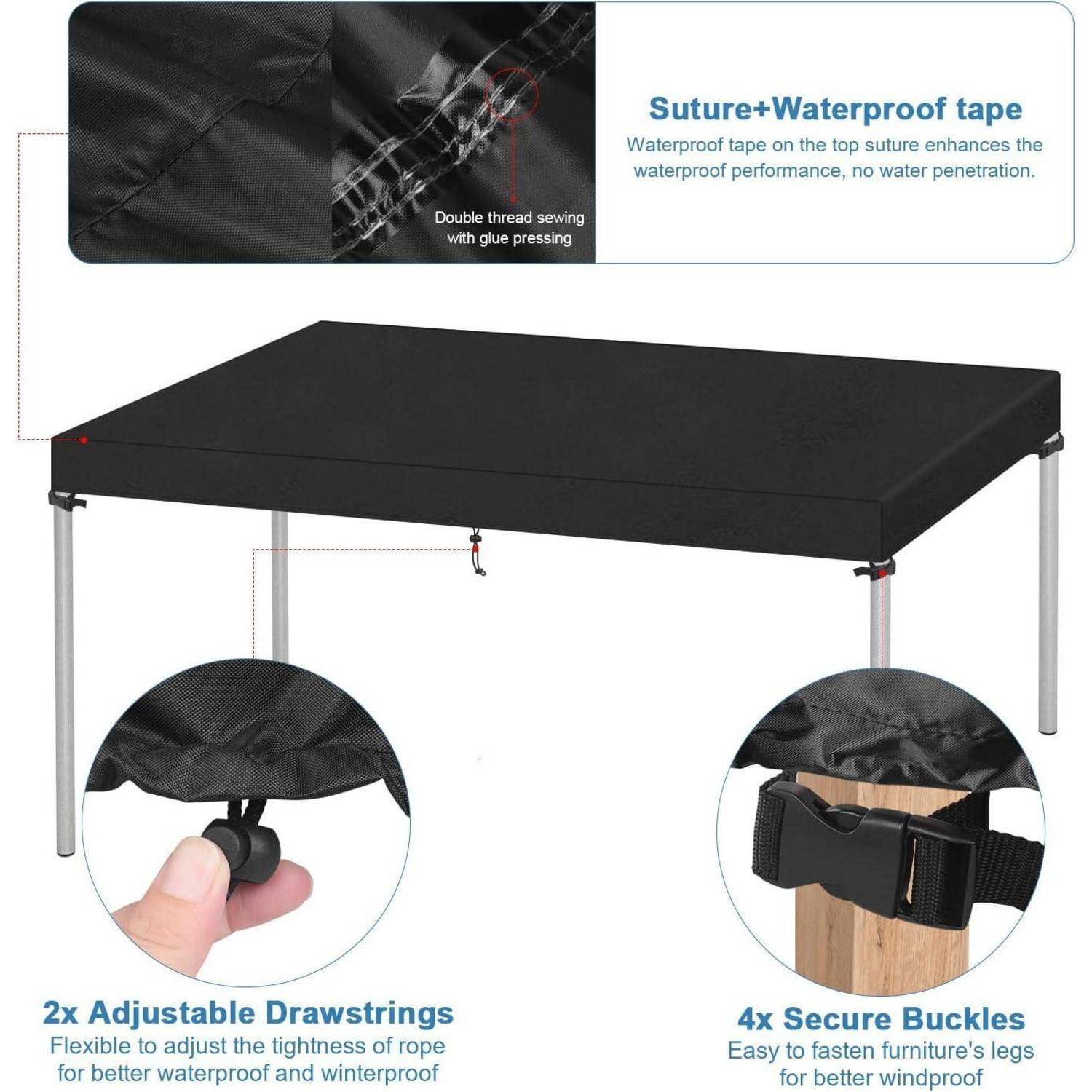 Schwarze Outdoor-Tischdecke mit Naht und wasserdichtem Band zum Schutz. Ausgestattet mit 2 verstellbaren Zugbändern und 4 sicheren Schnallen für Stabilität.
