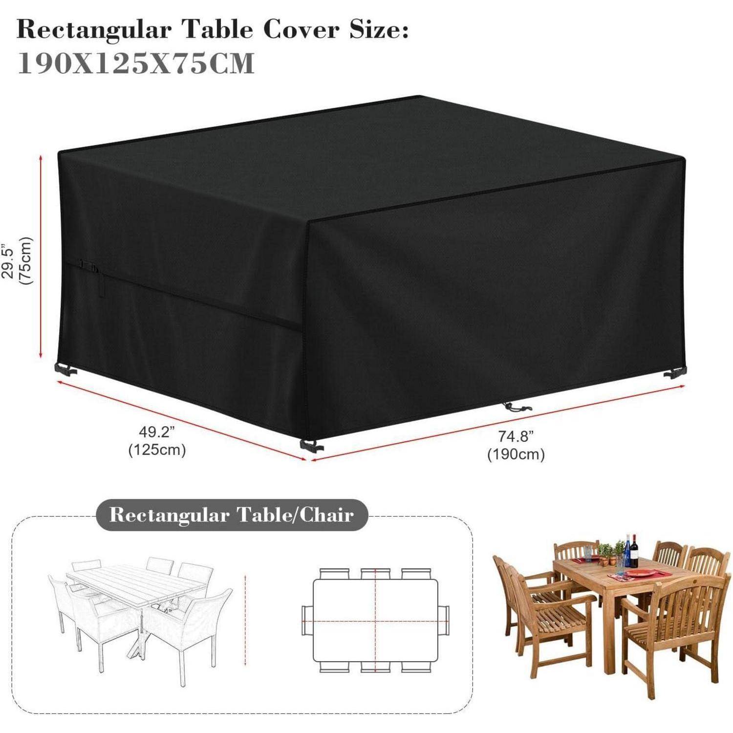 Rechteckige Tischdeckengröße: 190X125X75 CM Die Abbildung zeigt eine große schwarze Abdeckung auf einem Tisch. Diagramme veranschaulichen die Abmessungen und die Eignung für verschiedene Möbelstücke.