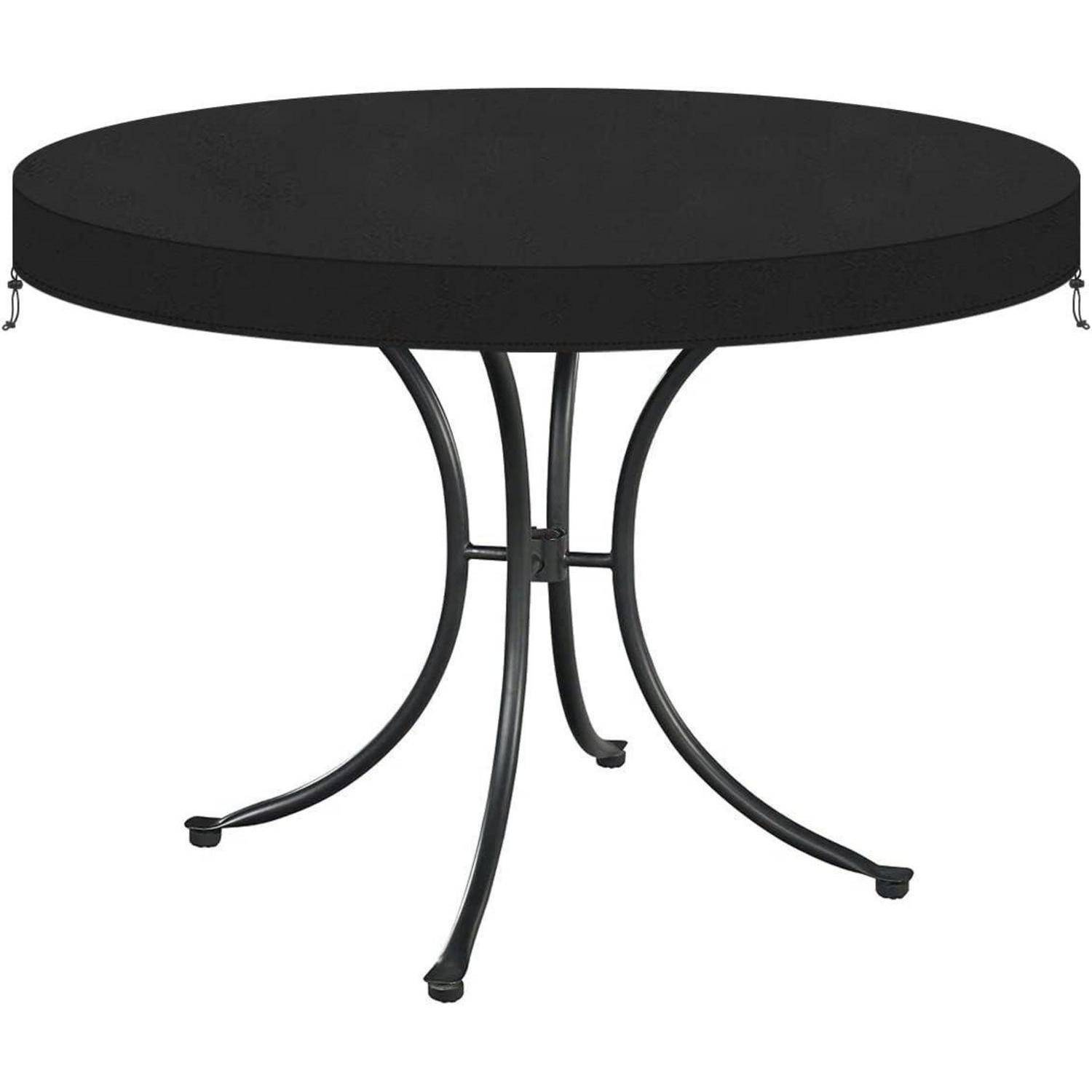 Runder schwarzer Tisch mit geschwungenen Metallbeinen, für den Außenbereich konzipiert. Der Tisch besitzt eine elegante und robuste Erscheinung.