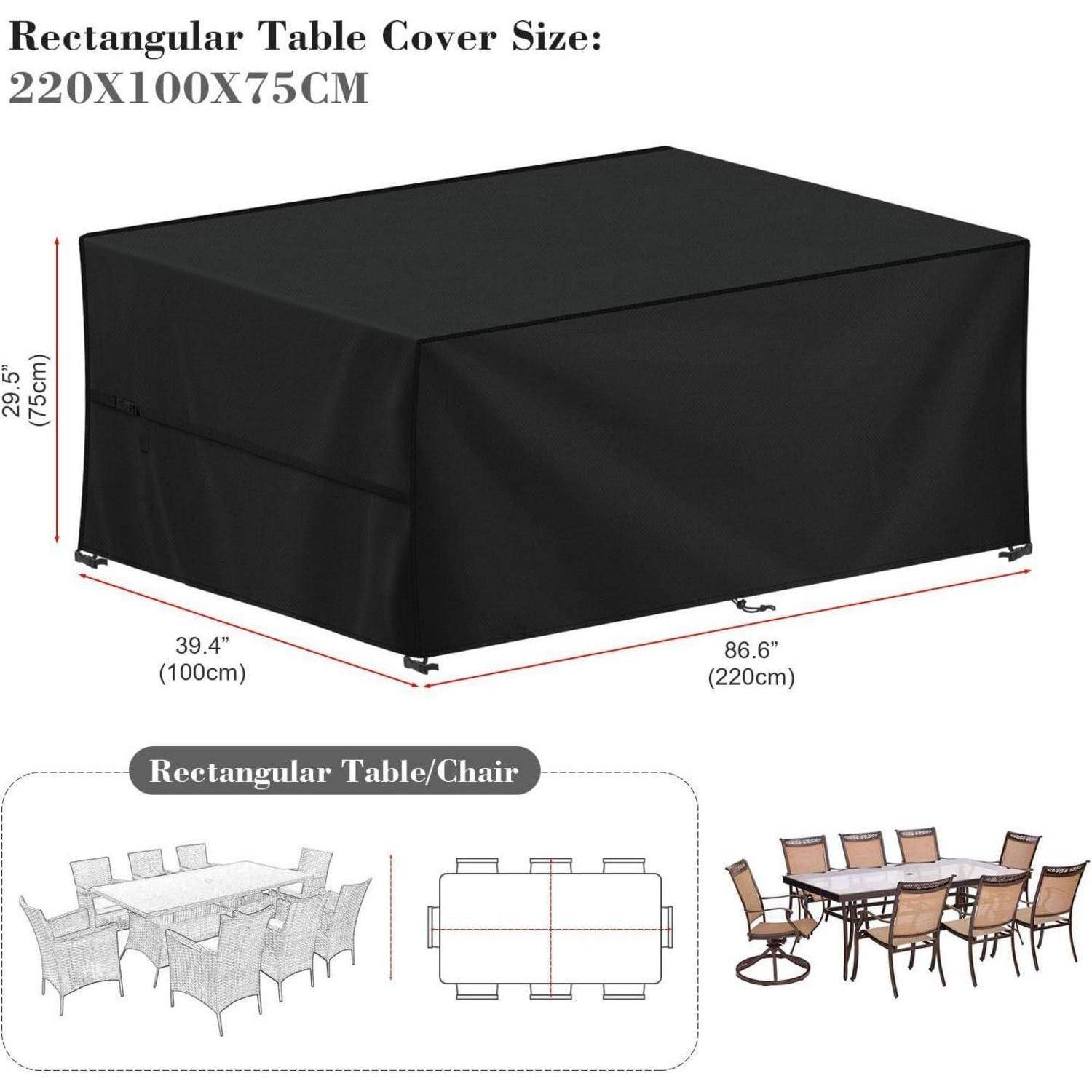 Rechteckige Tischdecke, schwarz, Maße 220x100x75 cm. Passt zu Tischsets für sechs oder acht Personen. Abbildungen zeigen beide Aufbauten.