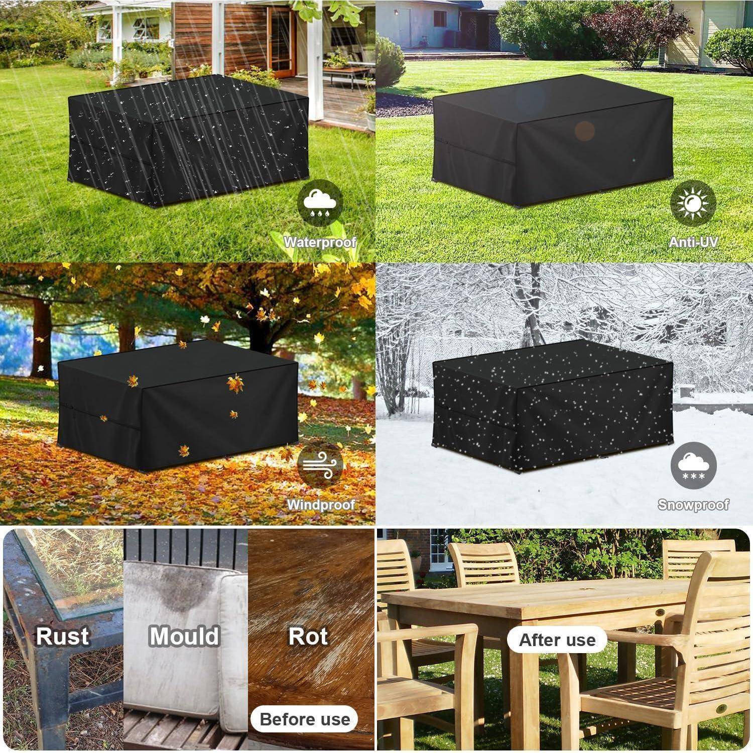 Das Bild zeigt eine multifunktionale Outdoor-Möbelabdeckung unter verschiedenen Wetterbedingungen: Regen, Sonne, Wind und Schnee, wobei Eigenschaften wie ‚Wasserdicht', ‚UV-beständig' und ‚Windbeständig' hervorgehoben werden. Vorher-Nachher-Fotos zeigen den Schutz gegen Rost, Schimmel und Verfall.
