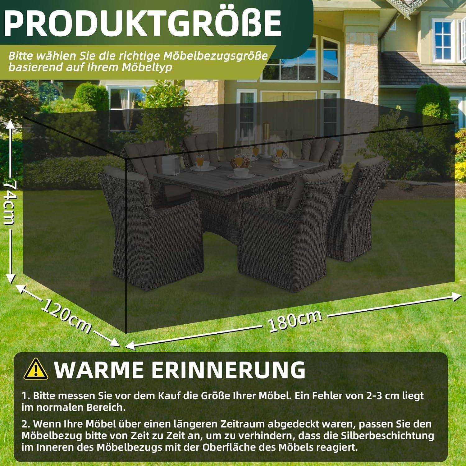 Ein Rasen zeigt eine Terrassensitzgruppe unter einem transparenten 3D-Overlay, das die Abmessungen hervorhebt (74 cm Höhe, 180 cm Länge, 120 cm Breite) mit deutschem Text, der einen Möbel-Einpassungsratgeber bereitstellt.