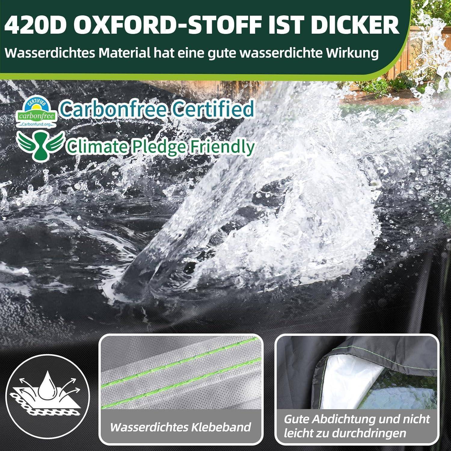 420D Oxford-Stoff ist robuster' mit Bild, das Wasser über einen wasserabweisenden Stoff fließend zeigt. Siegel weisen auf Umweltfreundlichkeit hin.
