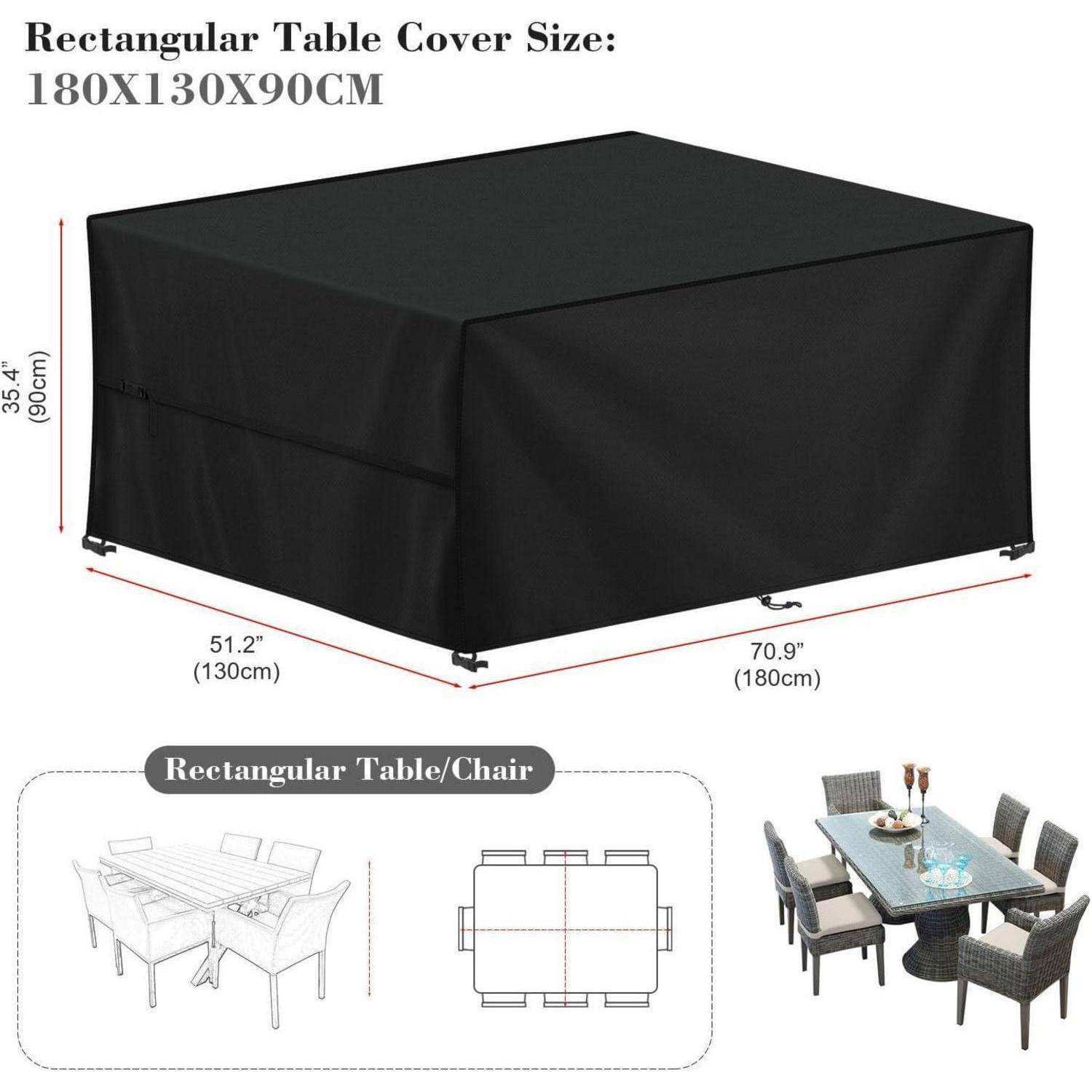 Schwarze rechteckige Tischabdeckung für den Außenbereich, Maße 180x130x90 cm. Passt für große Tische mit Stühlen. Enthält erläuternde Diagram.