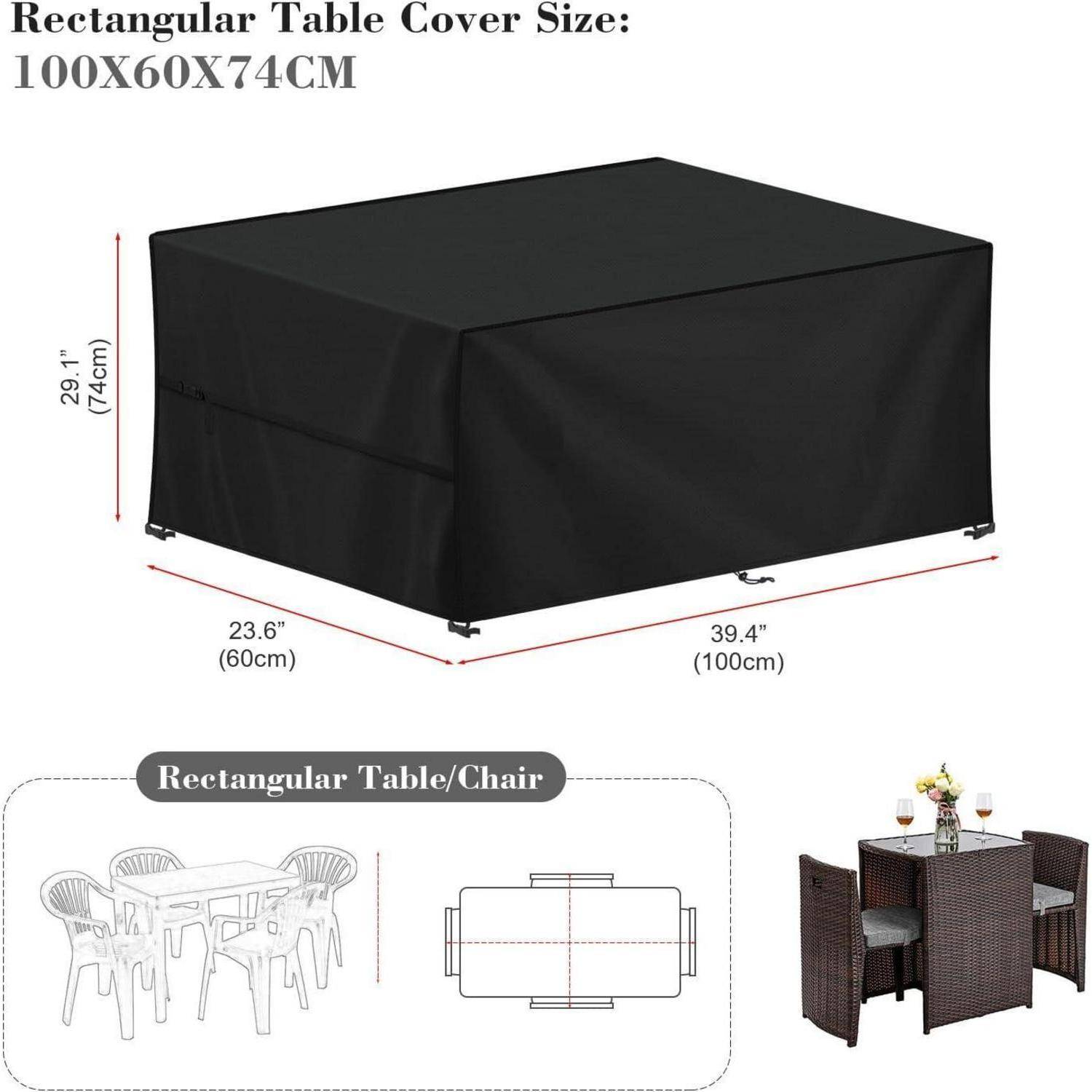 Schwarze rechteckige Tischdecke mit den Maßen 100x60x74 cm für eine Gartensitzgruppe mit sechs Stühlen, geeignet zum Schutz von Outdoor-Möbeln.