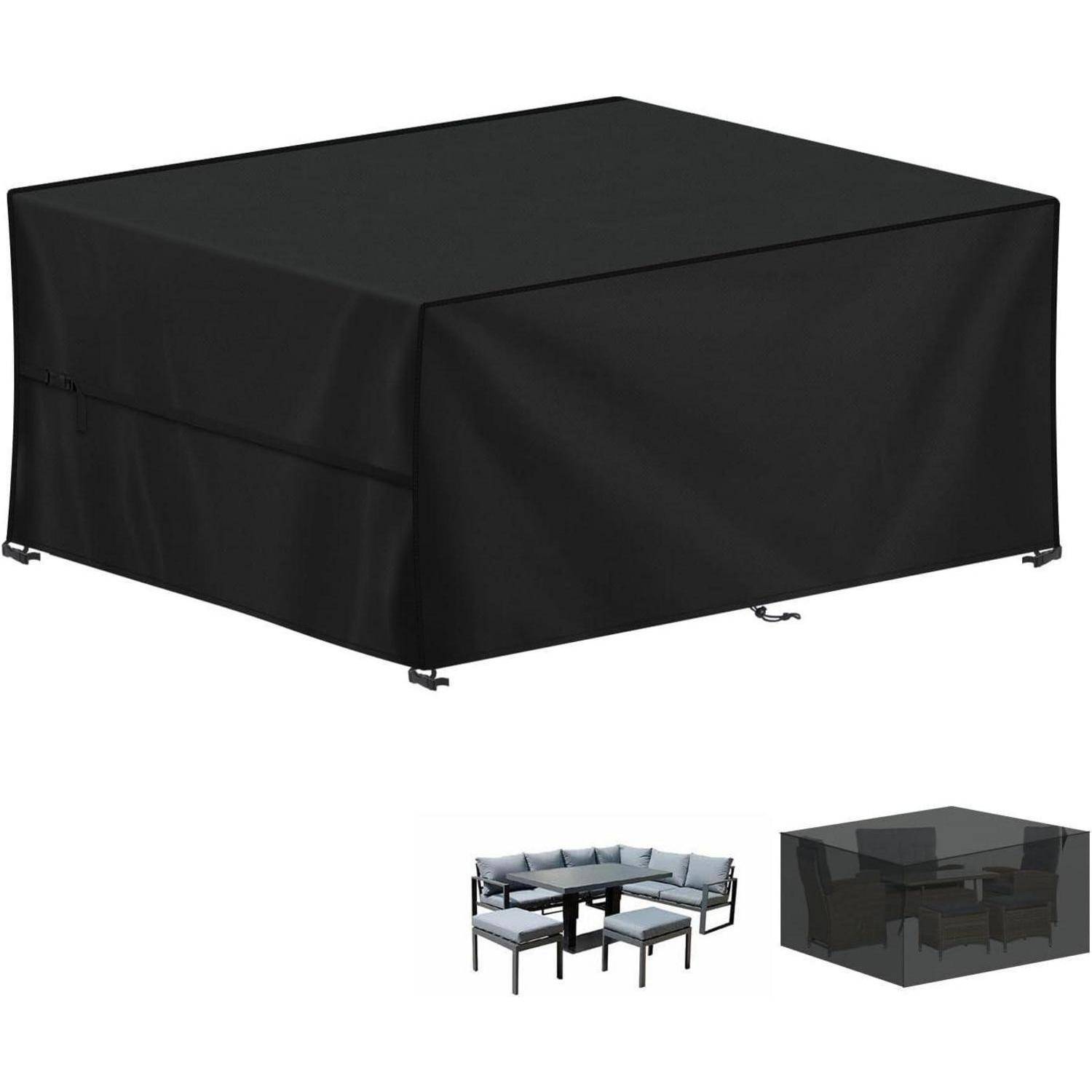 Schwarze Terrassenmöbel-Abdeckung für eine Loungegruppe; enthält ein Bild der unbedeckten Anordnung als Referenz und Platzierungshilfe.