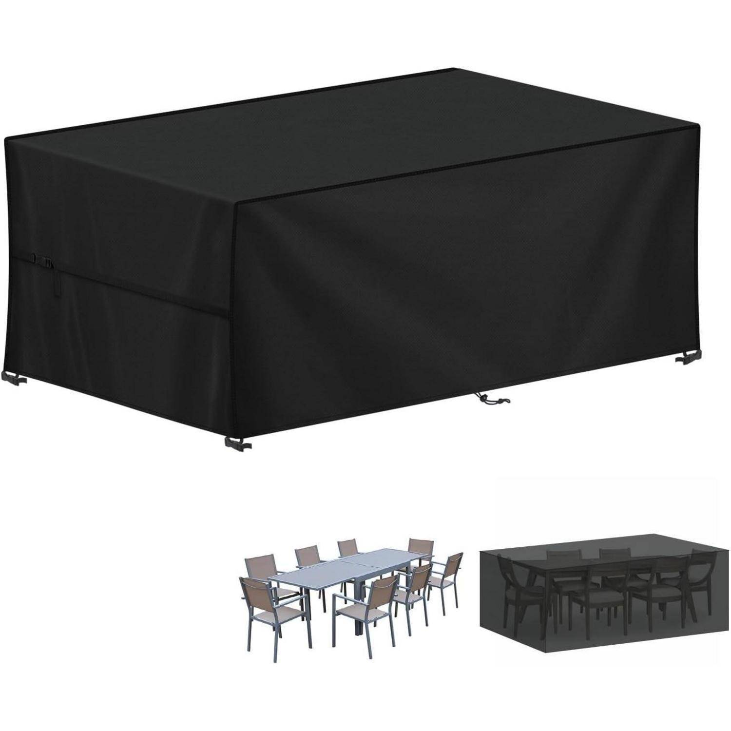 Schwarze rechteckige Tischdecke, groß genug, um einen Esstisch mit Stühlen zu bedecken, gezeigt vor Bildern von unbedeckten und bedeckten Tischen.