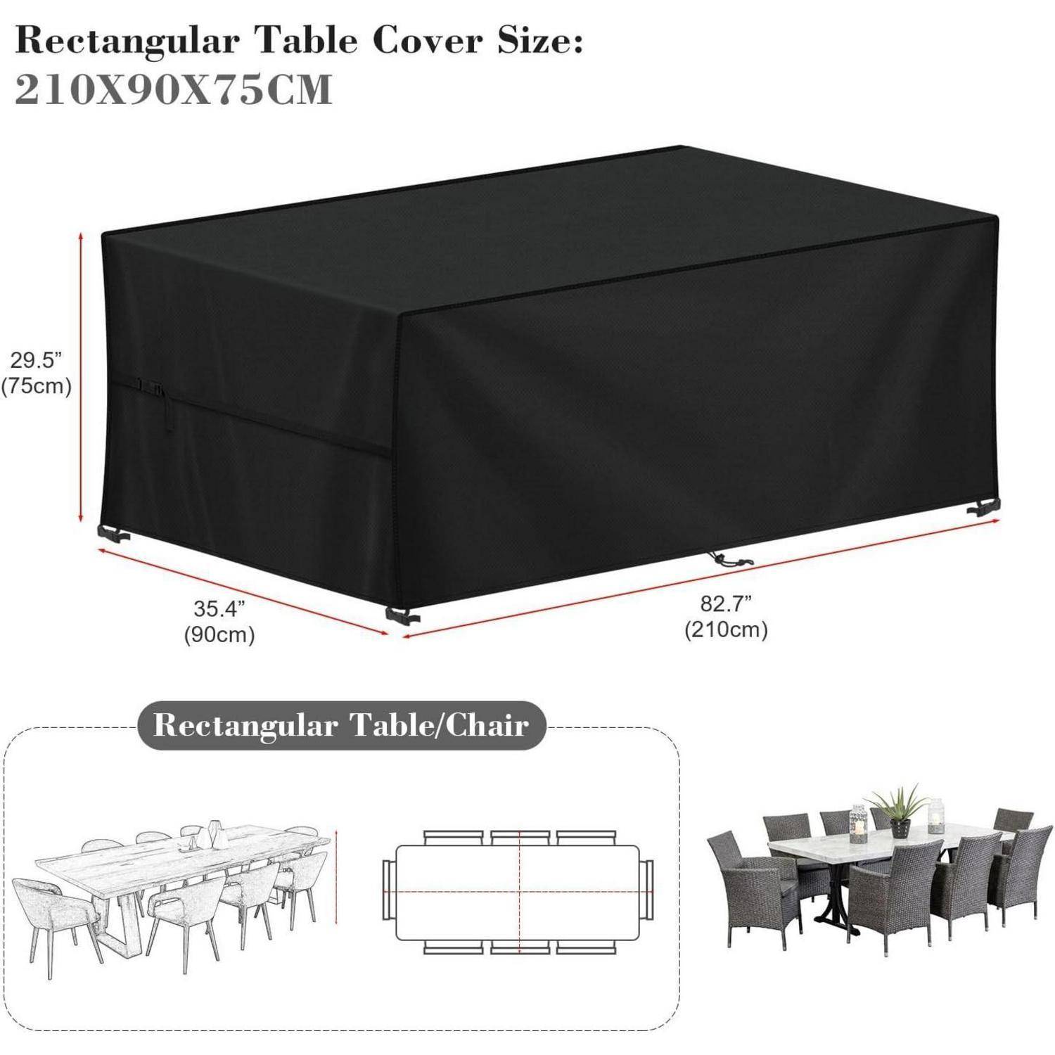 Rechteckige schwarze Tischdecke passt auf einen Tisch mit den Maßen 210x90x75cm. Die Grafik zeigt die Abdeckung auf einem Tisch mit Stühlen und verdeutlicht den Schutznutzen.
