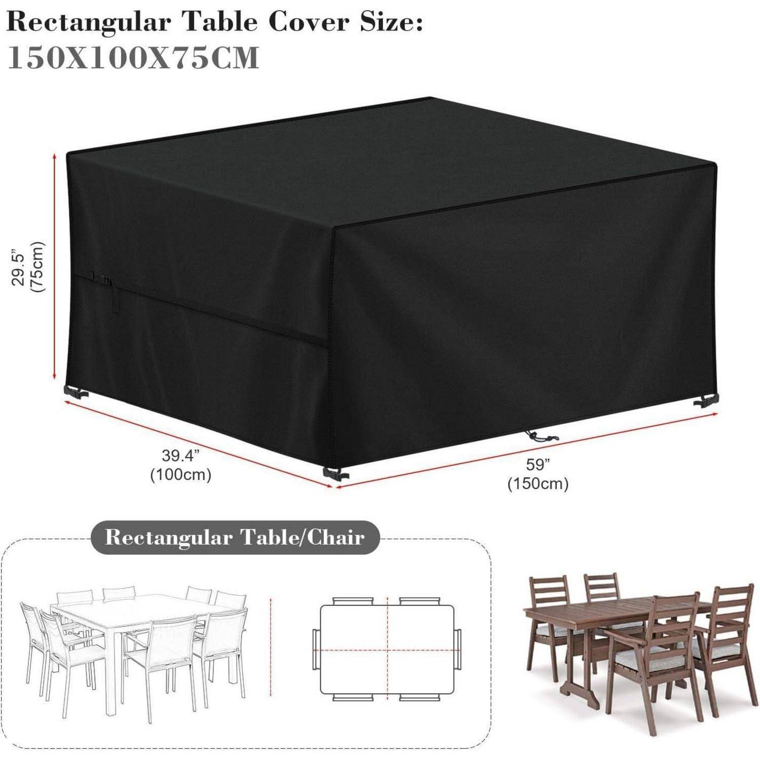 Rechteckige schwarze Tischdecke mit den Maßen 150x100x75 cm, die auf einer Essgruppe gezeigt wird. Die Illustration enthält Abmessungen und Tischkontur.