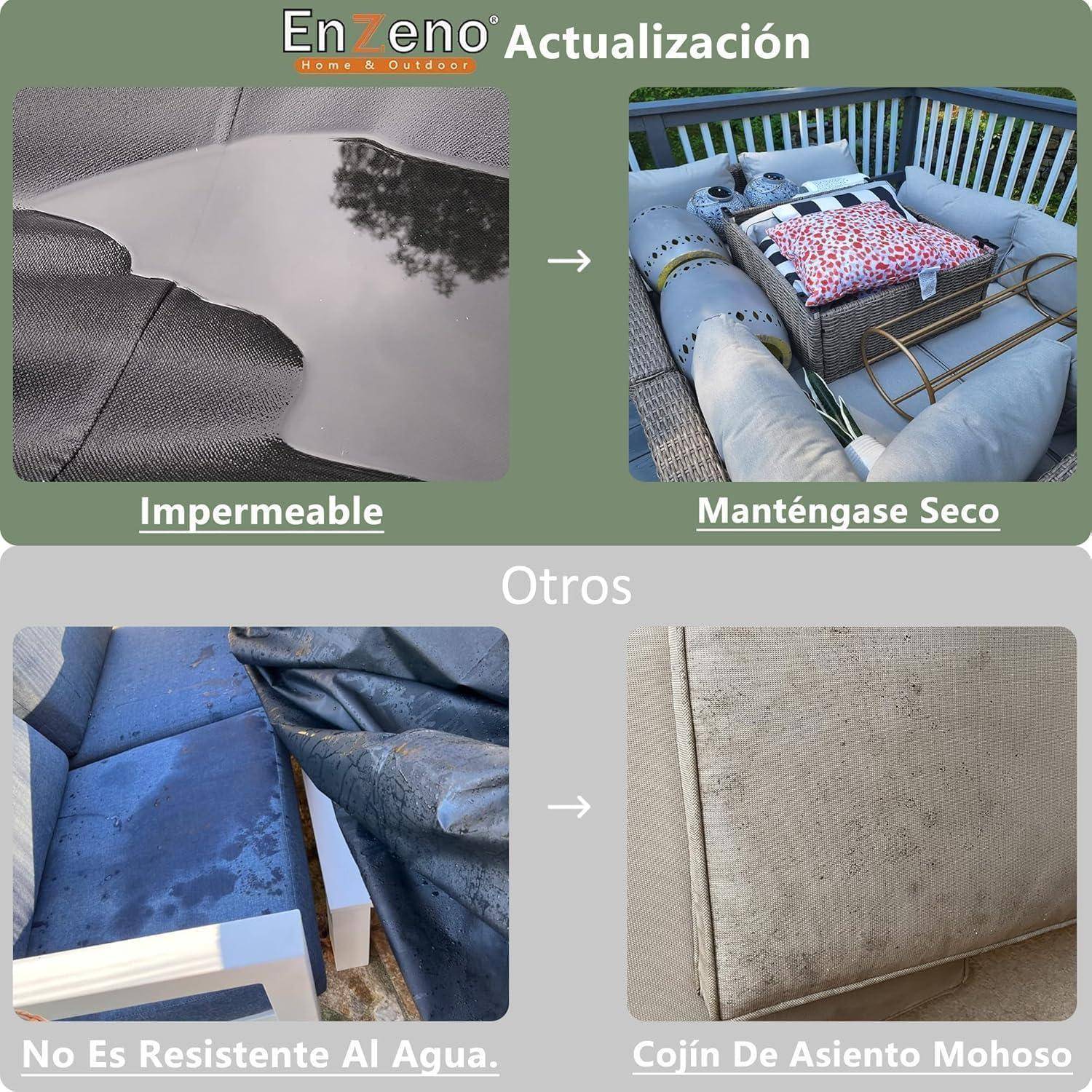 Das Bild vergleicht zwei Szenarien. Oben: Ein wasserdichter Couchbezug mit trockenen Kissen, gekennzeichnet als ‚Wasserundurchlässig' und ‚Trocken Bleiben'. Unten: Eine wasserbeschädigte Couch, gekennzeichnet als ‚Nicht Wasserfest' und ein schimmelig Kissen, gekennzeichnet als ‚Schimmeliger Sitzkissen'.