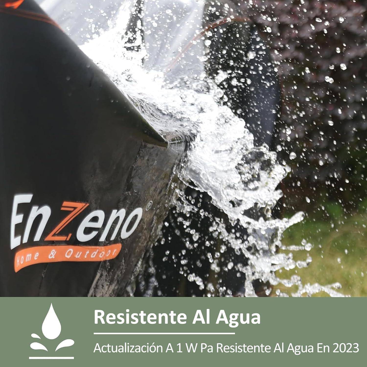 Wasser, das von einer Oberfläche abspritzt, mit dem Text 'EnZeno' und 'Resistente Al Agua'. Dies deutet auf die Wasserwiderstandsfähigkeit des Produkts hin.