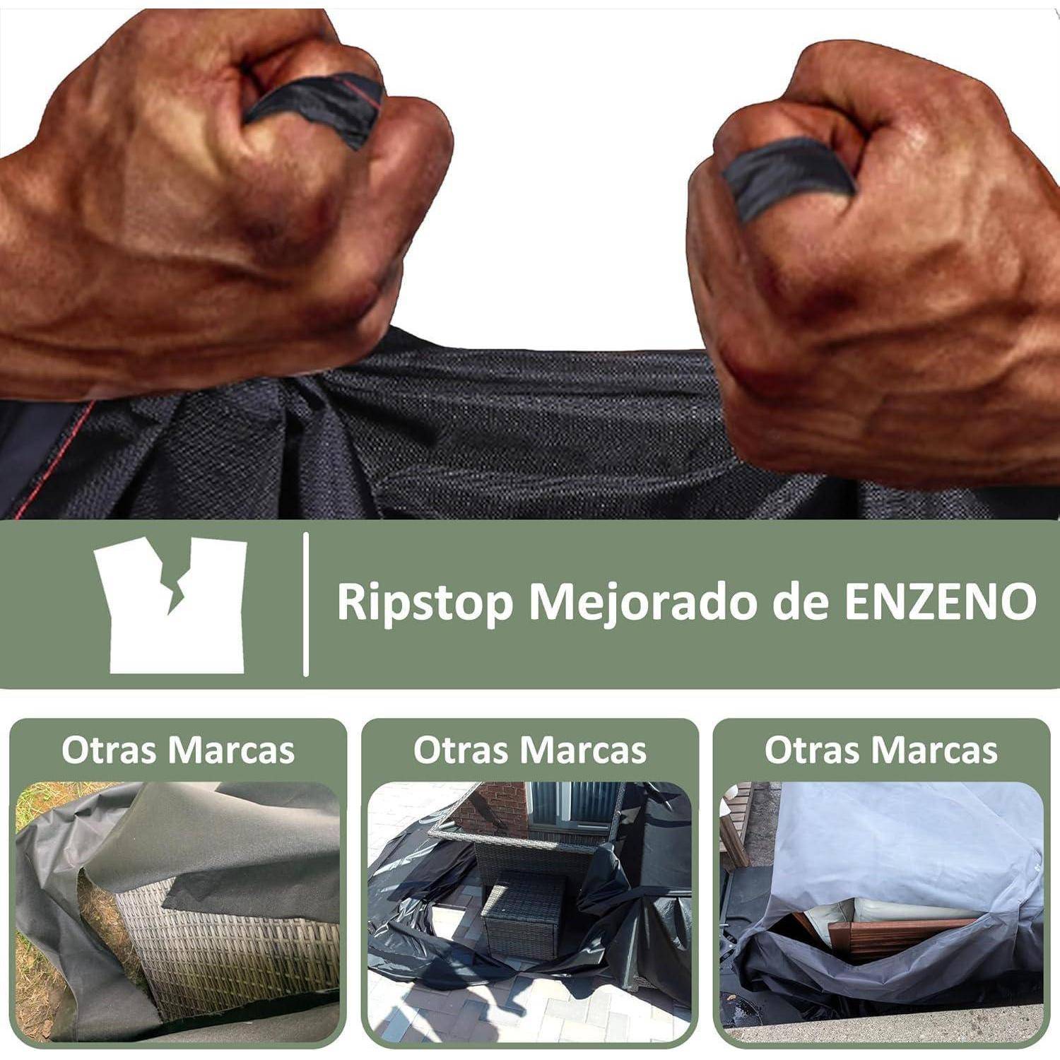 Hände, die einen schwarzen Ripstop-Stoff straff ziehen. Darunter drei Vergleichsbilder mit der Beschriftung 