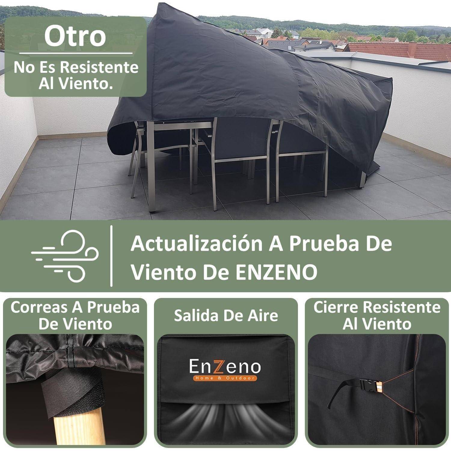Überdachte Terrassenmöbel auf einem Dach, die Merkmale zeigen: windbeständige Riemen, Luftauslass und widerstandsfähiger Reißverschluss. Text: 'Windbeständige Aktualisierung von ENZENO'.