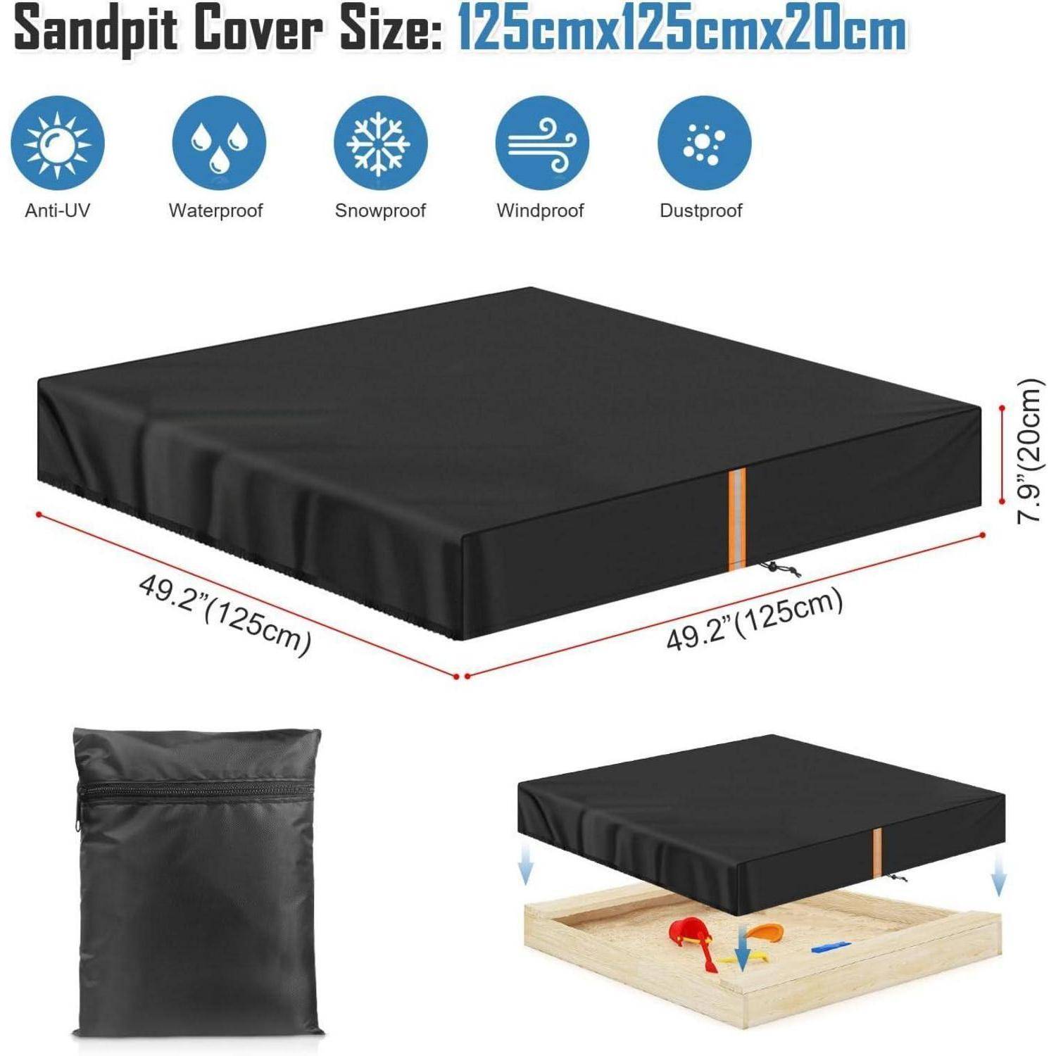 Schwarze Sandkasten-Abdeckung, 125x125x20 cm, ausgestattet mit wasserdichten, UV-beständigen und staubdichten Eigenschaften. Geeignet zum Abdecken quadratischer Sandkästen.