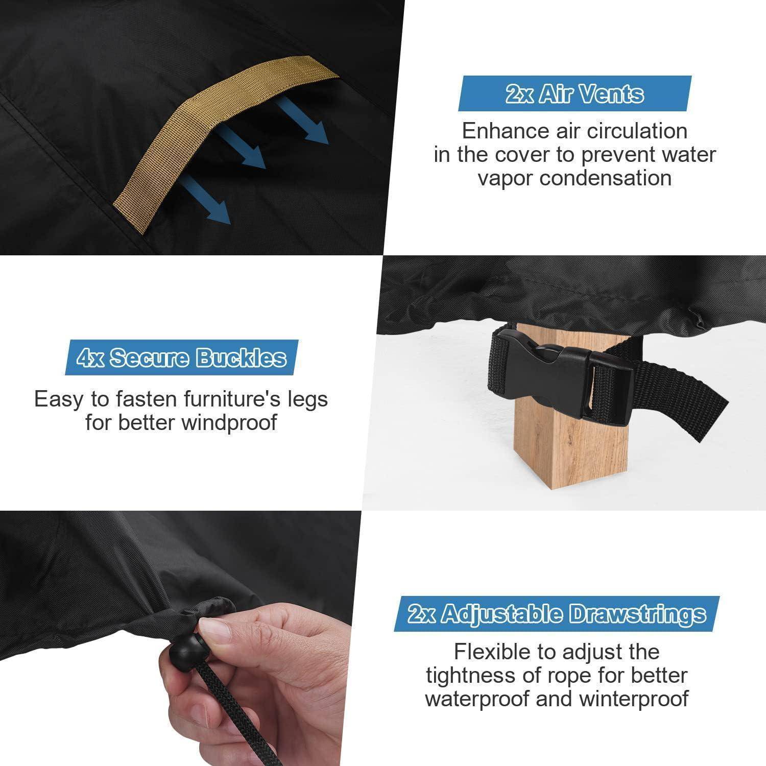 Camping-Ausrüstungsmerkmale umfassen: '2x Luftöffnungen zur Kondensationsprävention', '4x Sicherheitsschnallen für Stabilität', '2x verstellbare Kordelzüge für Wasserdichtigkeit'.