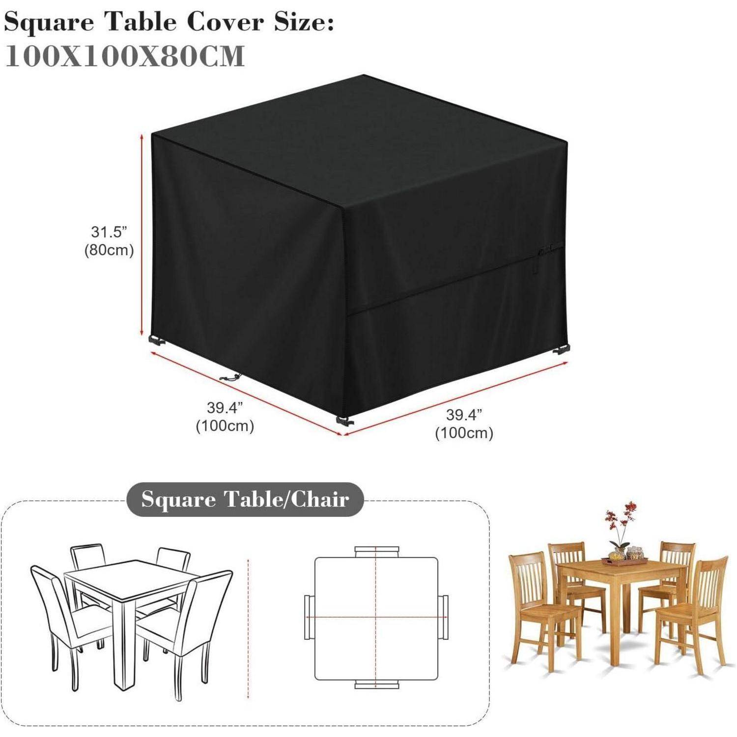 Schwarze Schutzabdeckung für einen quadratischen Tisch in der Größe 100x100x80 cm; Diagramme und Bilder zeigen die Passform über einer Essgarnitur mit vier Stühlen.
