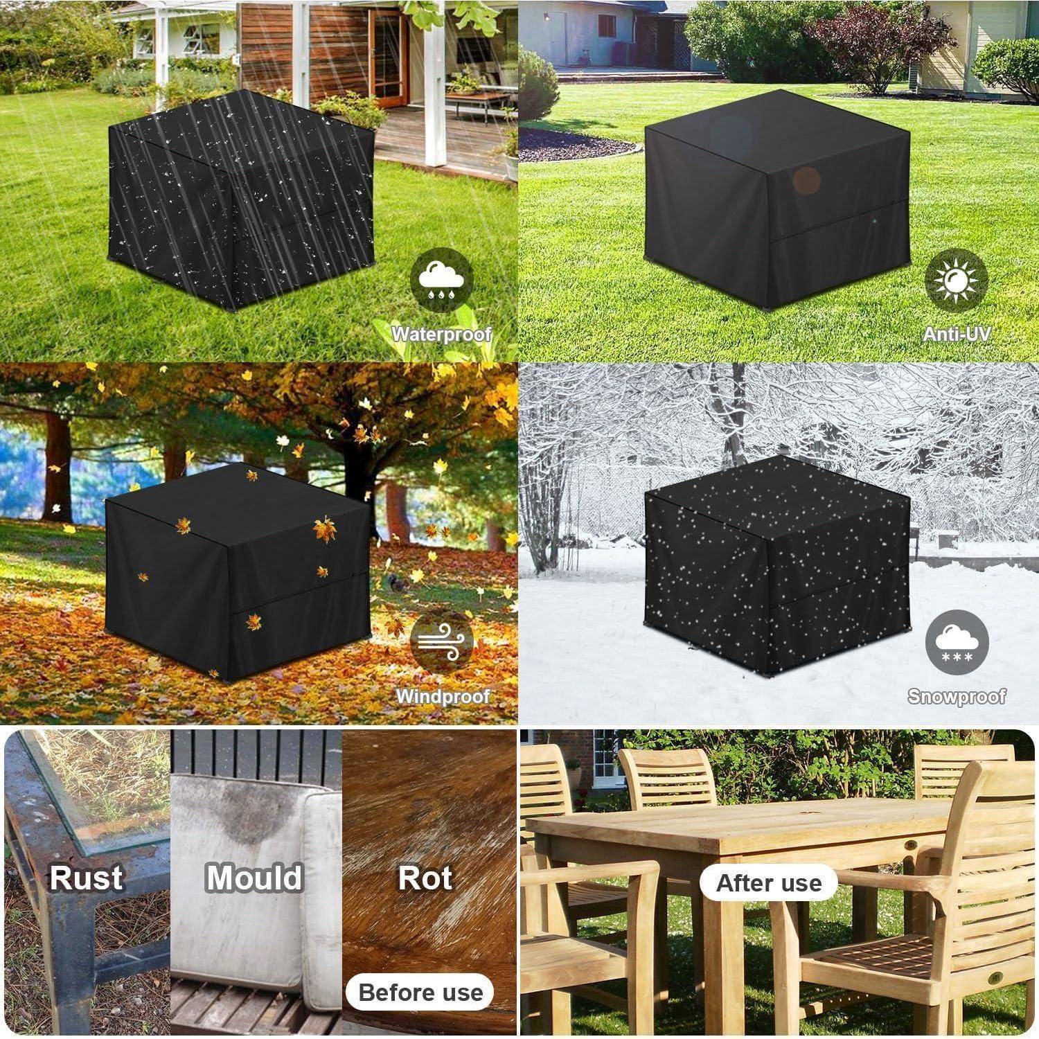Collage von Möbelbezügen unter verschiedenen Wetterbedingungen: Regen, Sonne, Wind, Schnee. Eigenschaften: wasserdicht, UV-beständig, windabweisend. Vorher/Nachher-Bild zeigt Schutz gegen Rost, Schimmel, Fäulnis.