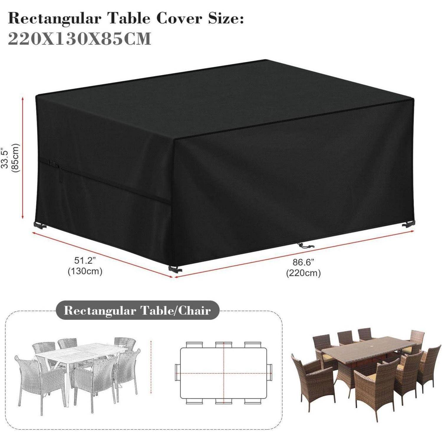 Rechteckige schwarze Tischabdeckung, Größe 220x130x85 cm, gezeigt auf Outdoor-Tischen und Stühlen zum Schutz. Diagramm zeigt die Passform.
