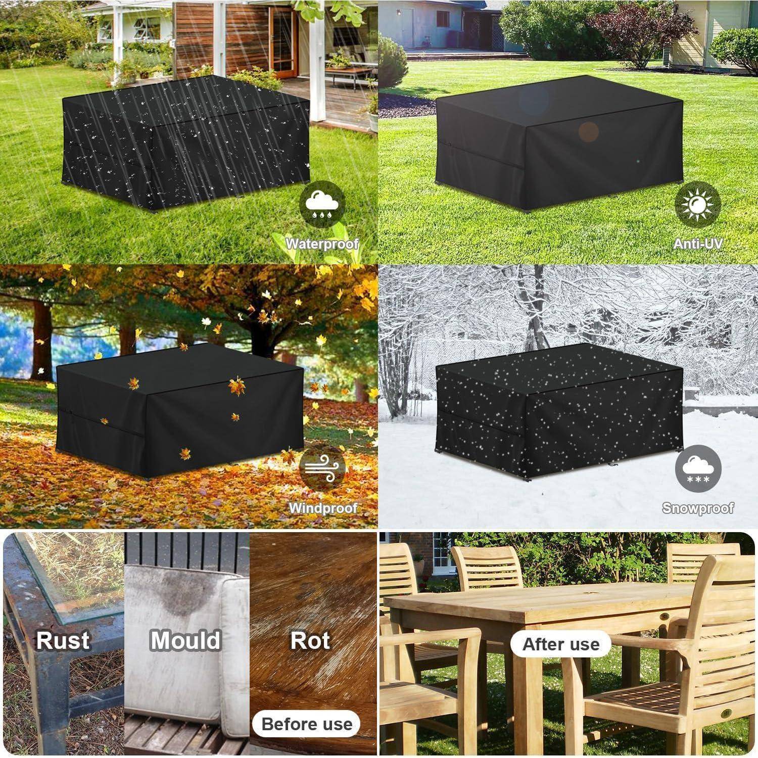 Bilder von Gartenmöbel-Schutzhüllen mit wetterfesten Eigenschaften: wasserdicht, UV-beständig, windbeständig und schneesicher.