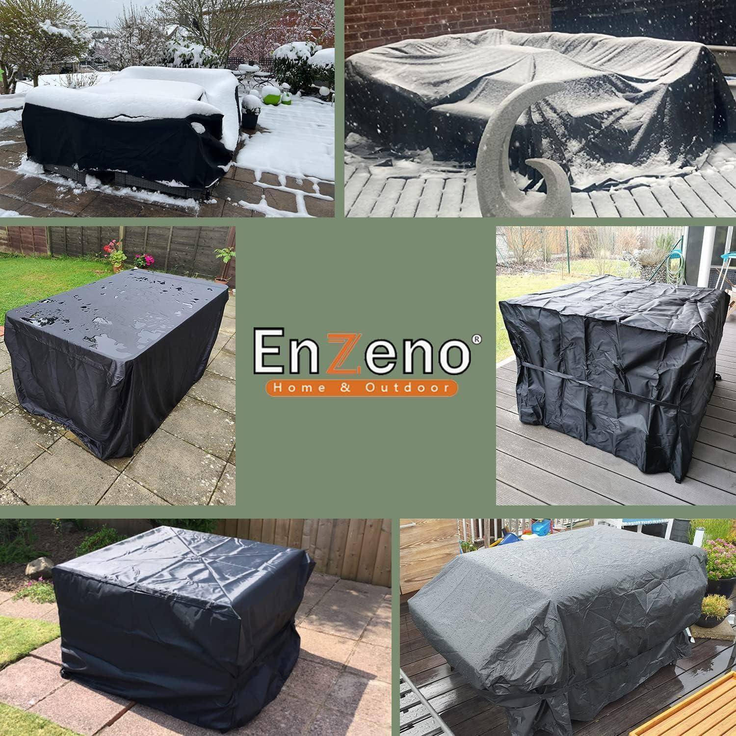 Outdoor-Möbel, die mit Schutzhüllen in schneebedeckten und schneefreien Bedingungen abgedeckt sind. Text lautet 'EnZeno Home & Outdoor'.