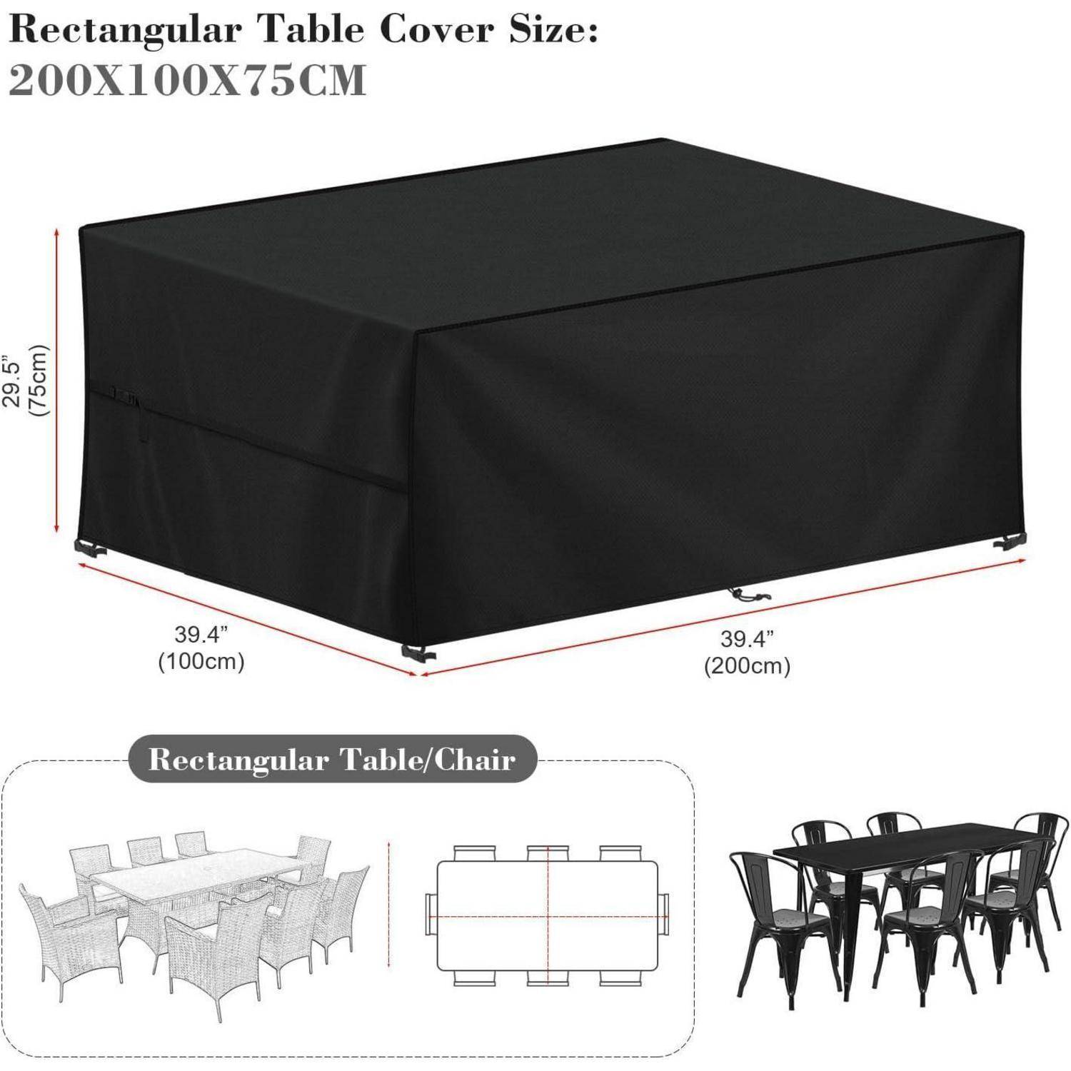 Schwarze rechteckige Tischdecke, Größe 200x100x75 cm, dargestellt auf einem rechteckigen Tisch mit Stühlen. Illustrationen zeigen verschiedene Ansichten.