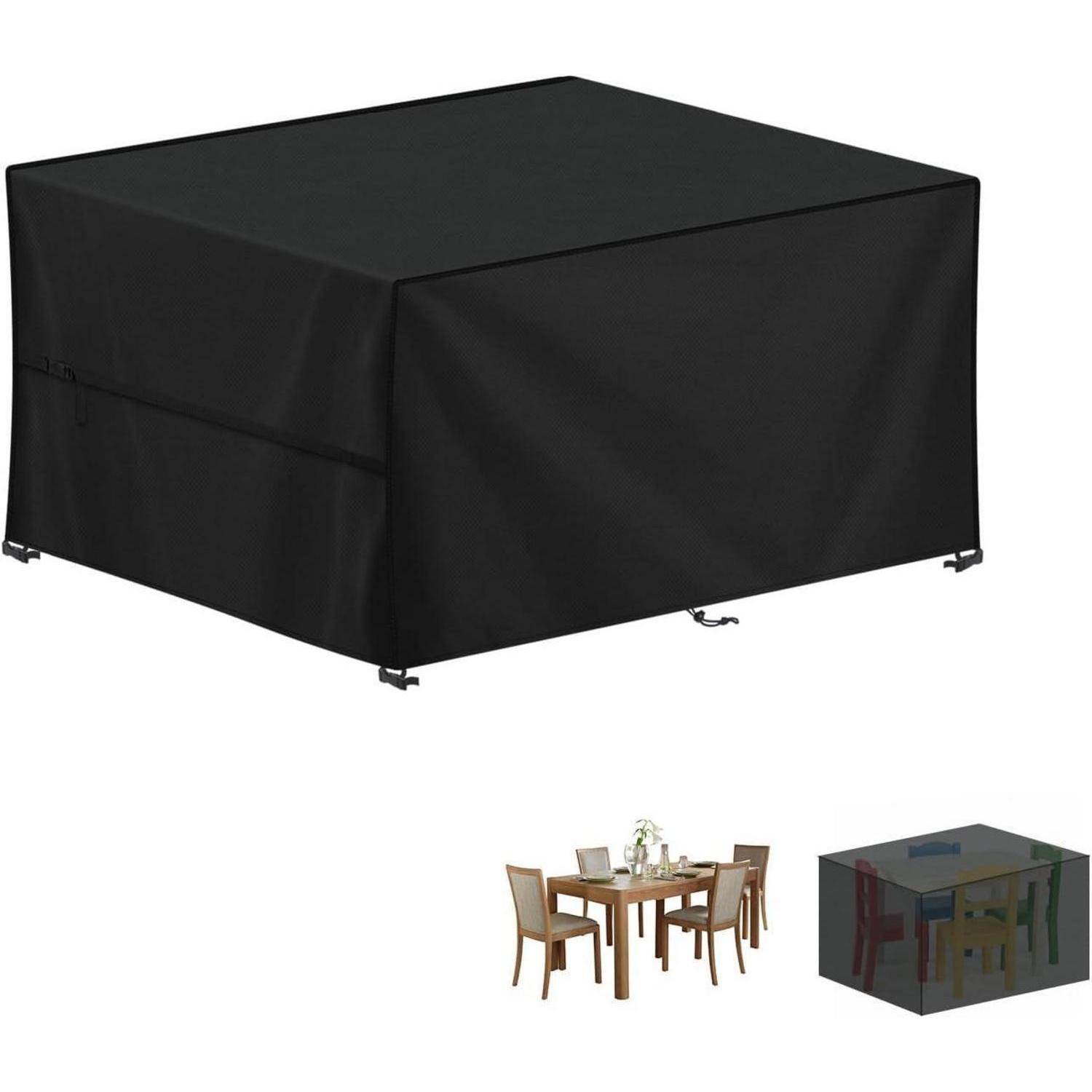 Schwarze Schutzabdeckung auf einem Gartentisch. Darunter ein kleines Bild, das nicht abgedeckte Terrassenmöbel zeigt und so den Zweck der Abdeckung veranschaulicht.