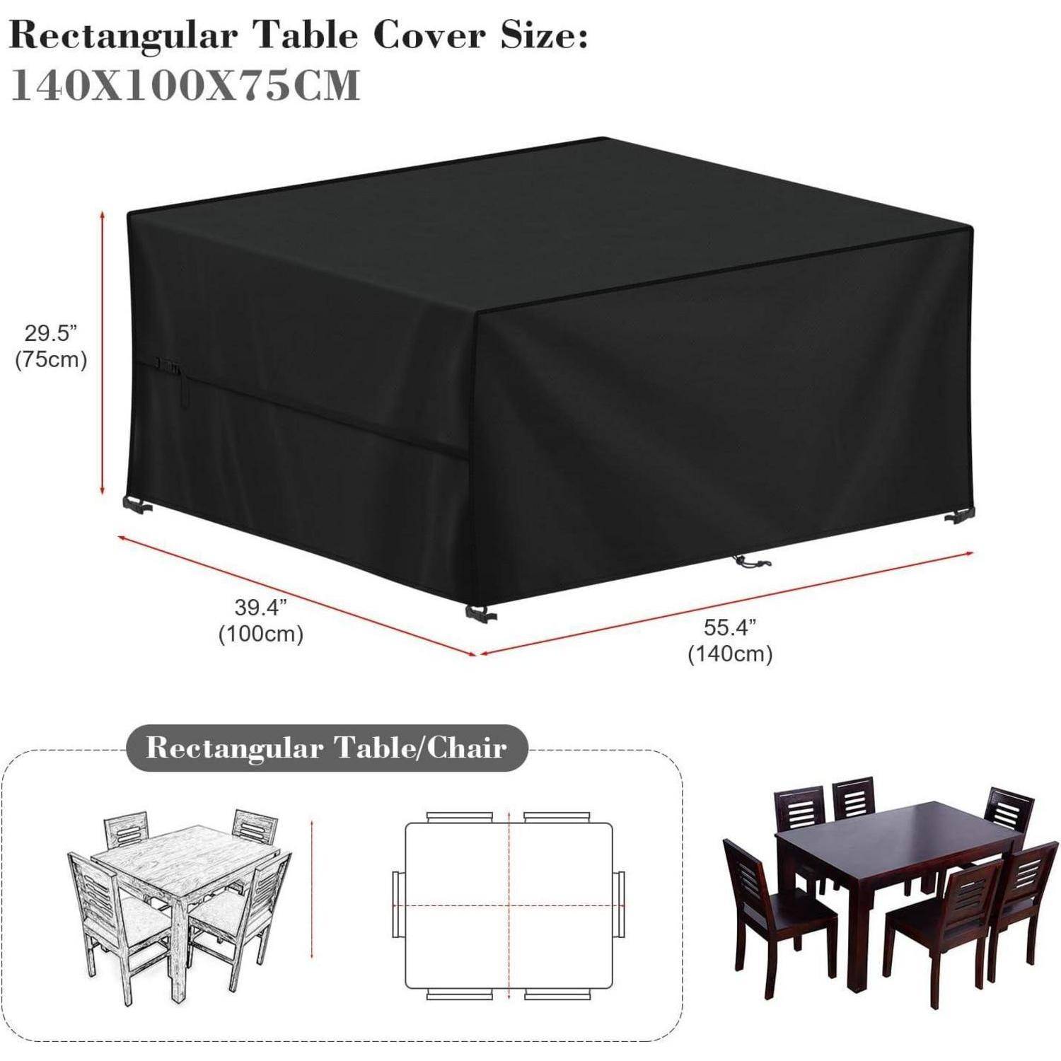 Eine schwarze rechteckige Tischdecke misst 140x100x75 cm. Die Illustration zeigt die passende Abdeckung auf einem Tisch und Stühlen, wobei die Maße angegeben sind.