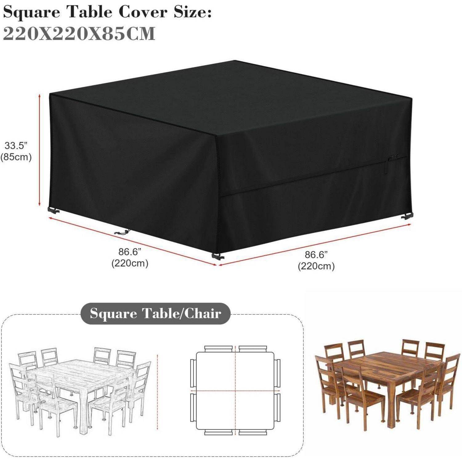 Schwarze Tischdecke in Quadratform, misst 220x220x85 cm, geeignet für einen quadratischen Tisch mit 8 Sitzplätzen und Stuhlset.