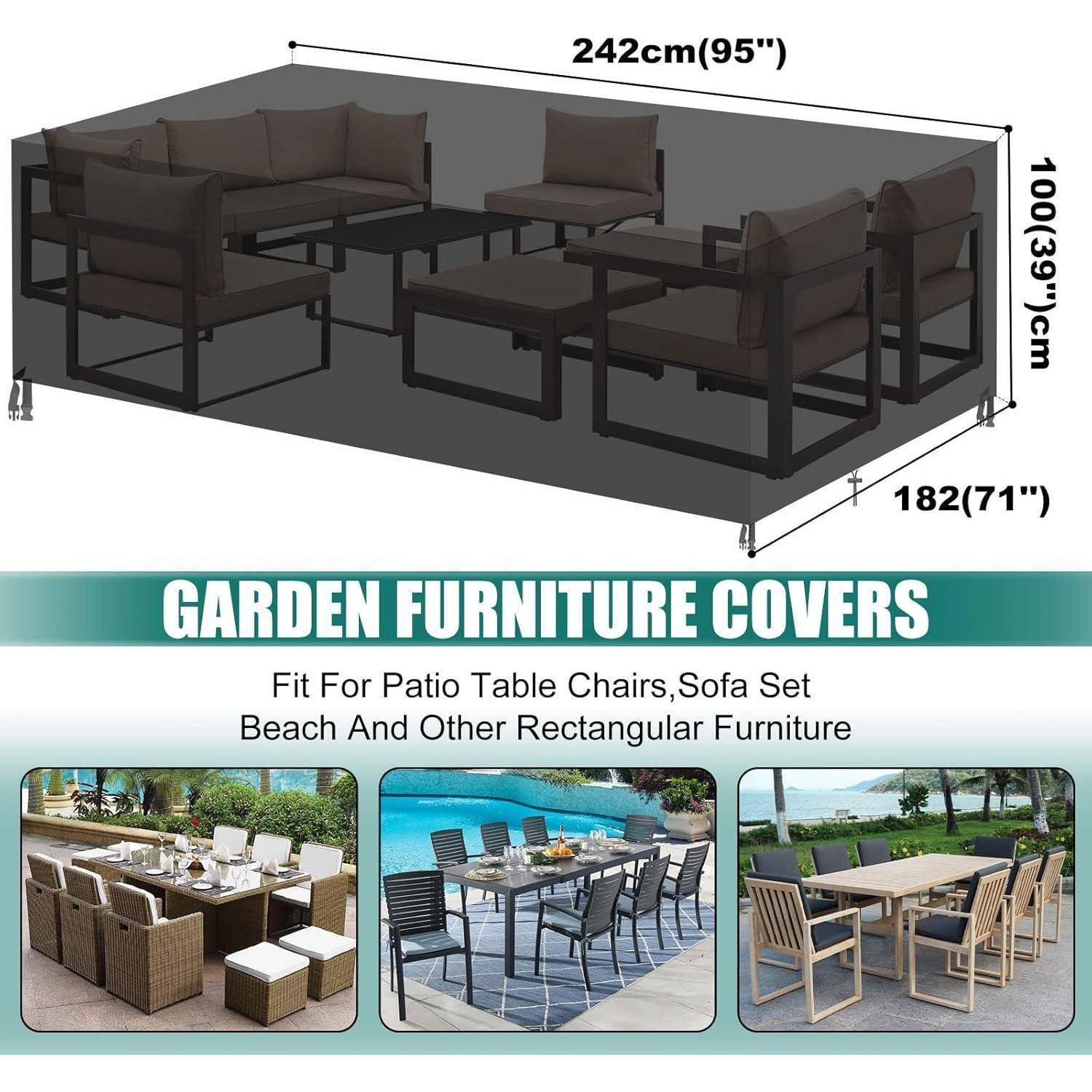 Gartenmöbel-Schutzhüllen mit den Maßen 242 cm x 182 cm x 100 cm für Terrassentisch, Stühle und Sofa-Sets. Bilder zeigen verschiedene Outdoor-Aufstellungen.