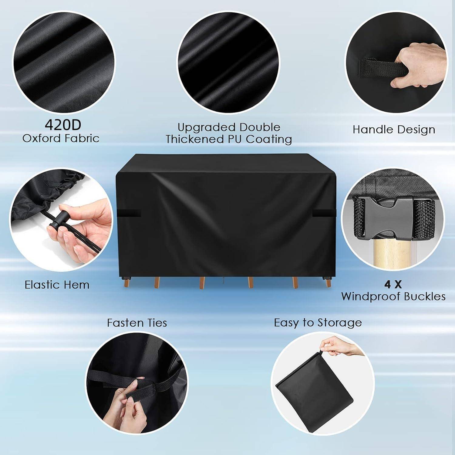 Abdeckung für Outdoor-Möbel aus 420D Oxford-Gewebe, mit doppelter PU-Beschichtung, Griff-Design, elastischem Saum, Befestigungsbändern, Schnallen und Aufbewahrungsbeutel.