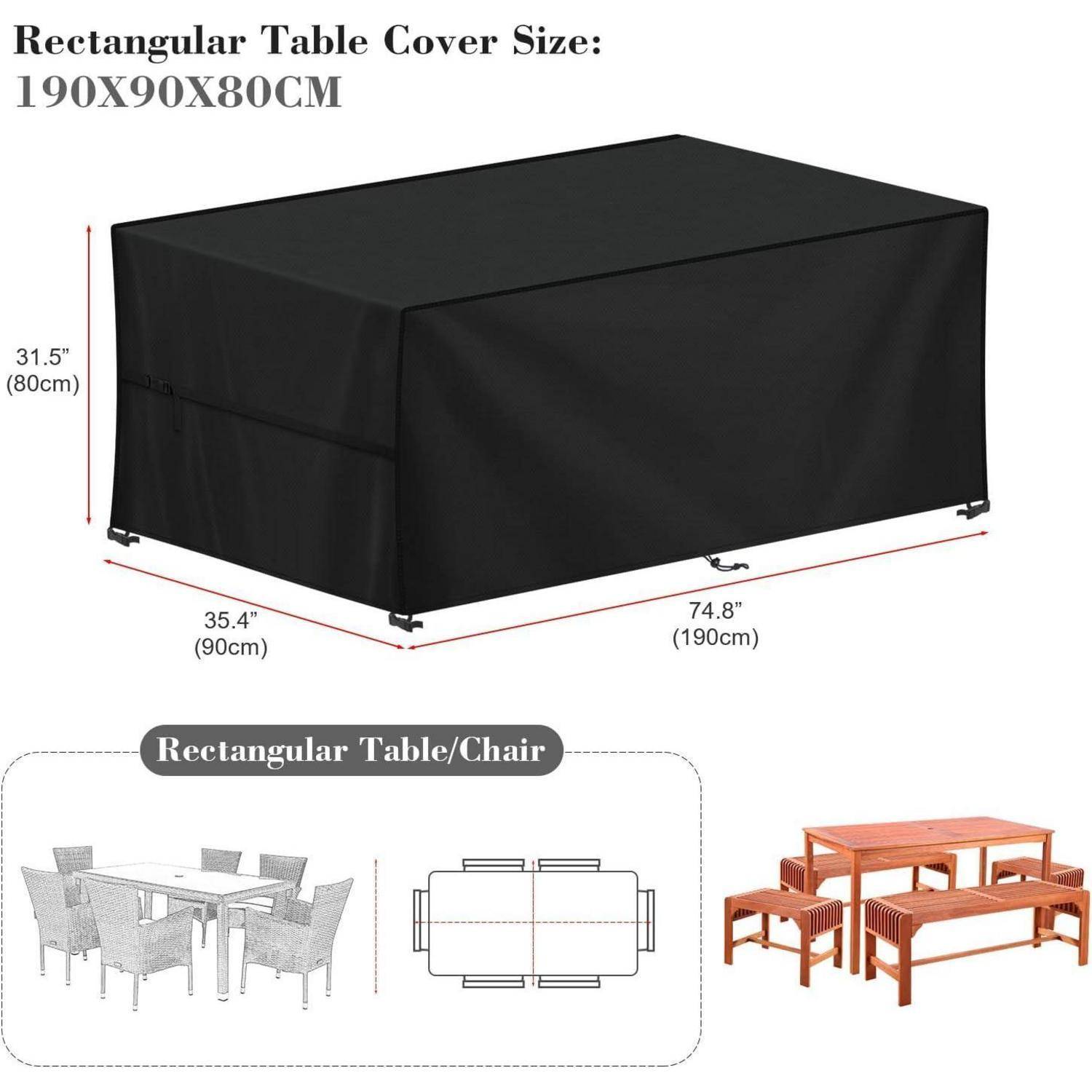 Rechteckige Tischdecke mit den Maßen 190x90x80 cm, über einem Tisch ausgebreitet. Geeignet für rechteckige Tische und Stühle, mit angegebenen Dimensionen.