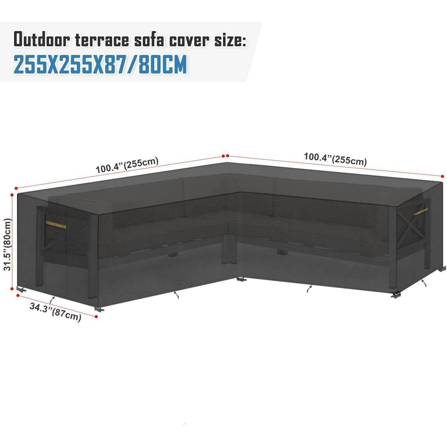 L-förmige Außenterrassen-Sofaabdeckung, Maße: 255x255x87/80 cm.