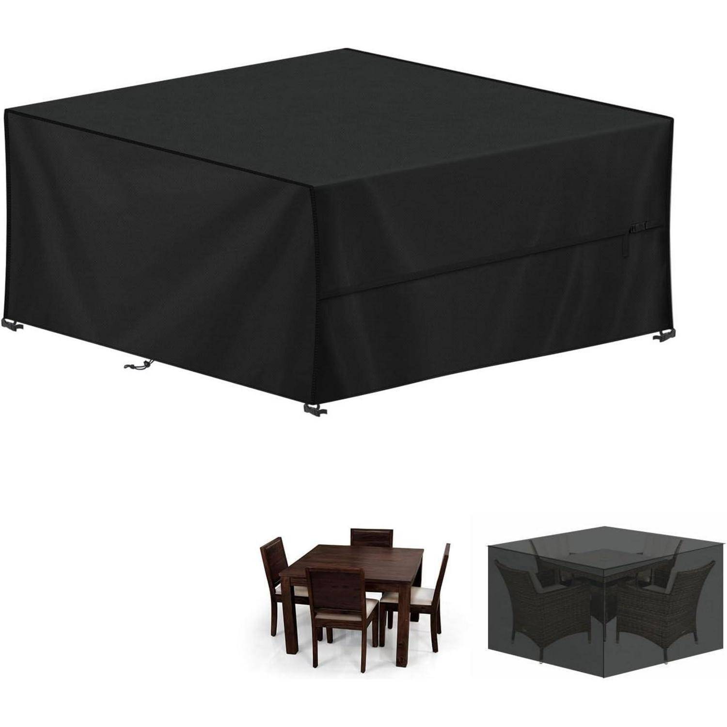 Schwarze rechteckige Schutzabdeckung für eine Gartenmöbelgruppe, mit Bildern, die die Abdeckung über einem Esstisch mit sechs Stühlen zeigen.