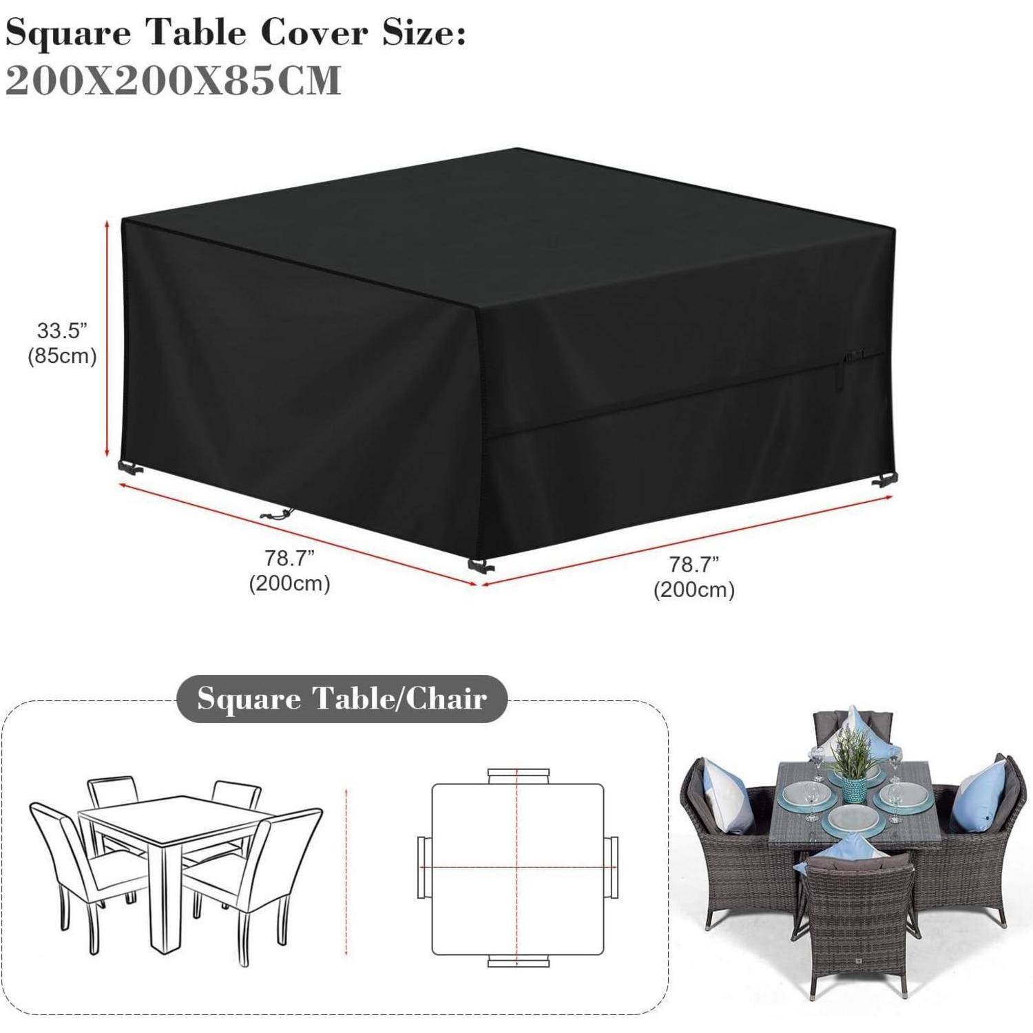 Schwarze quadratische Tischdecke, 200x200x85 cm, gezeigt als Abdeckung eines Tisches. Darstellung und Foto zeigen, wie die Abdeckung auf einer Outdoor-Möbelgarnitur passt.