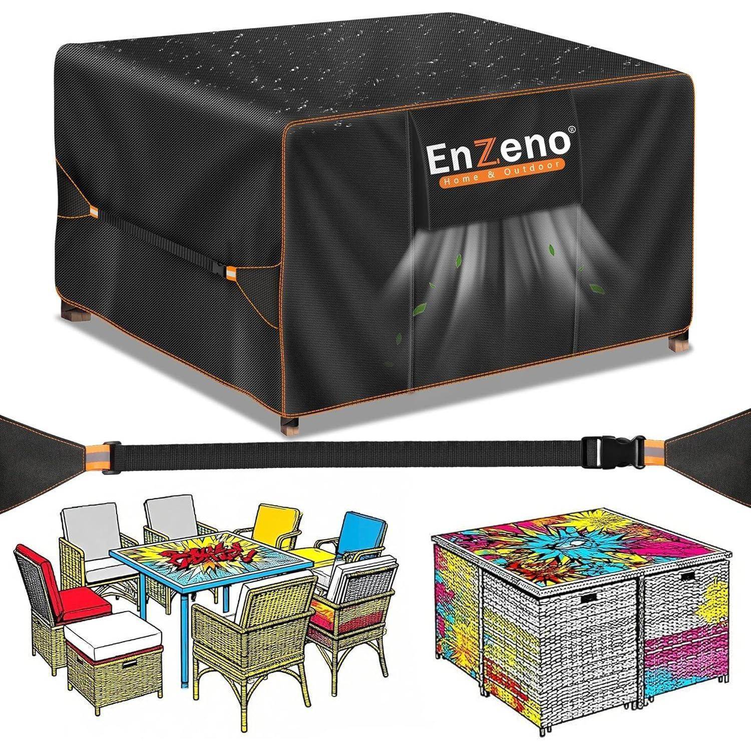Outdoor-Möbel-Abdeckung von 'EnZeno', passend für quadratischen Tisch mit Abmessungen wie in der Abbildung. Darunter eine farbenfrohe Illustration eines Terrassensets mit Kissen.
