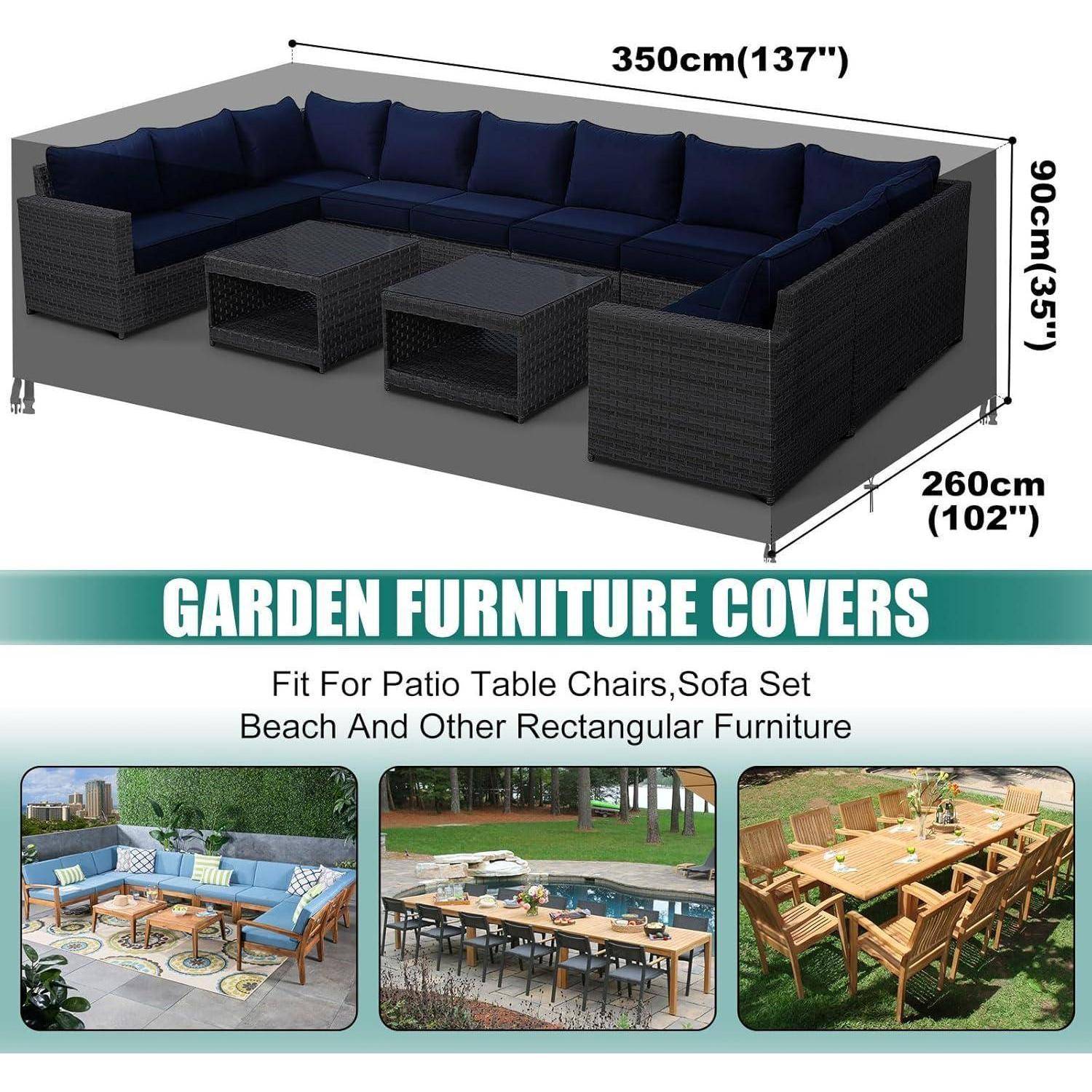 Gartenmöbel-Set mit schwarzen Kissen, Abmessungen 350 cm x 260 cm x 90 cm. Banner mit der Aufschrift 