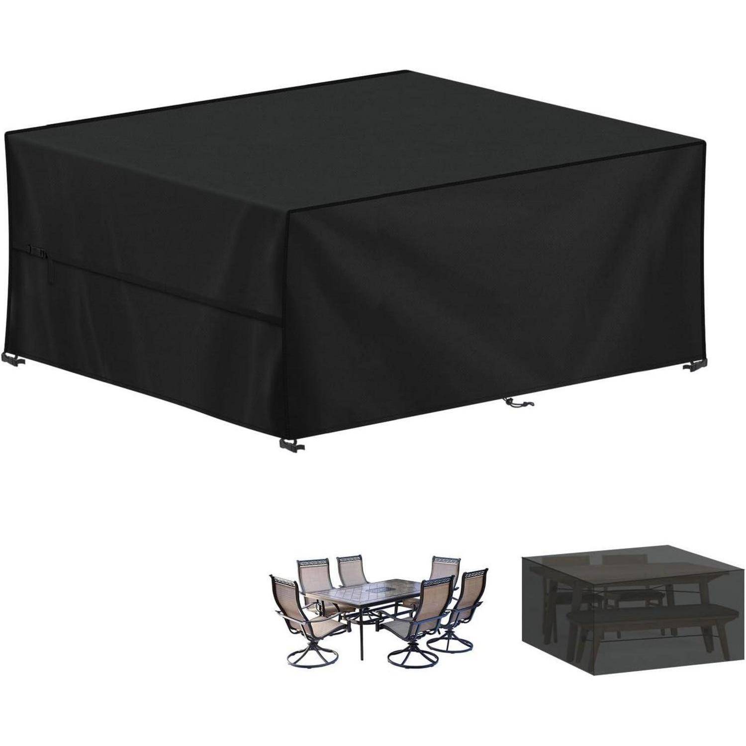 Schwarze Terrassenmöbel-Schutzhülle über Tisch und Stühlen. Einblendungen zeigen Möbel ohne Abdeckung und zusammengefaltete Abdeckung auf dem Tisch.