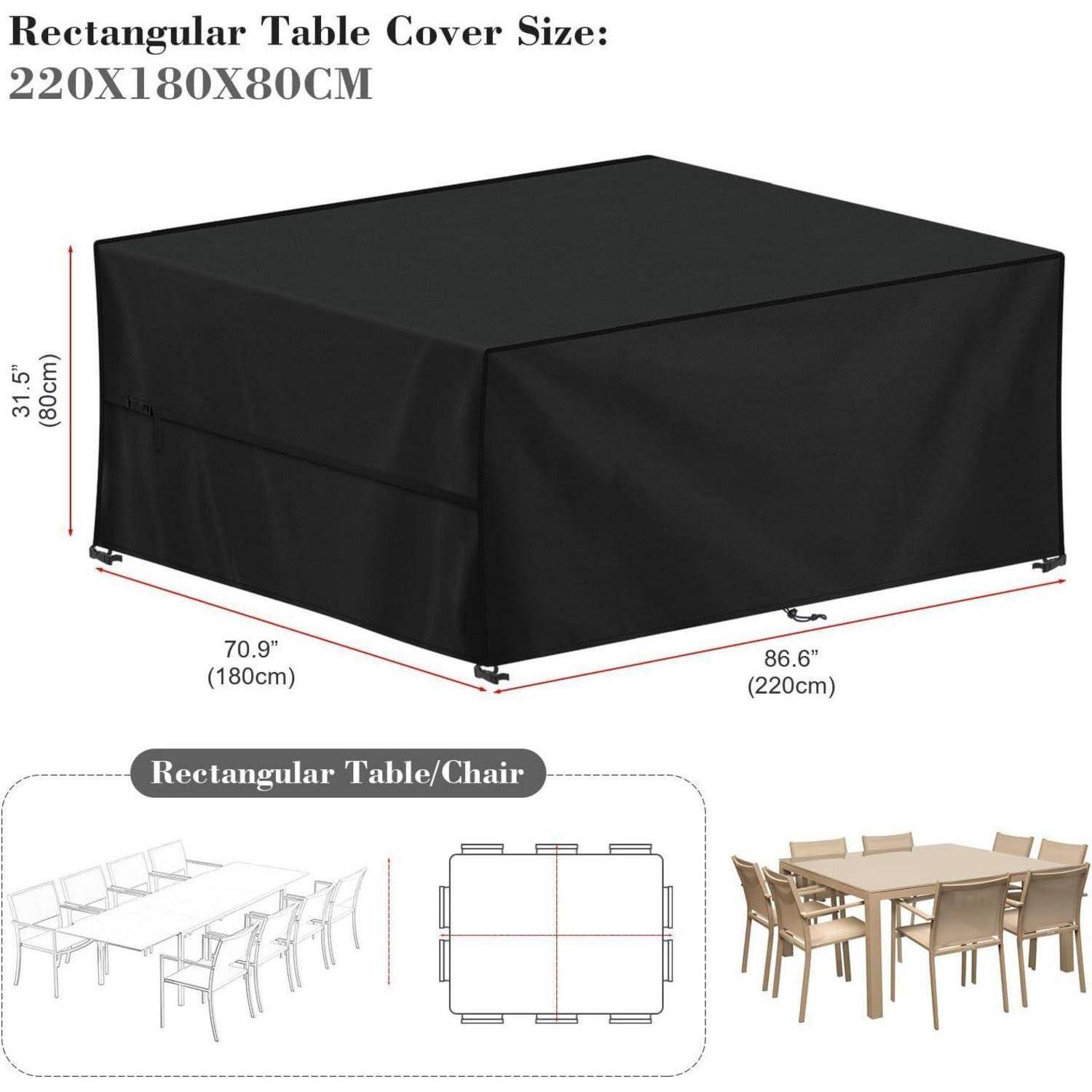 Eine schwarze rechteckige Tischdecke mit den Abmessungen 220x180x80 cm wird gezeigt, die einen Tisch bedeckt. Darunter befinden sich Illustrationen von Tischformen, auf die sie passt.