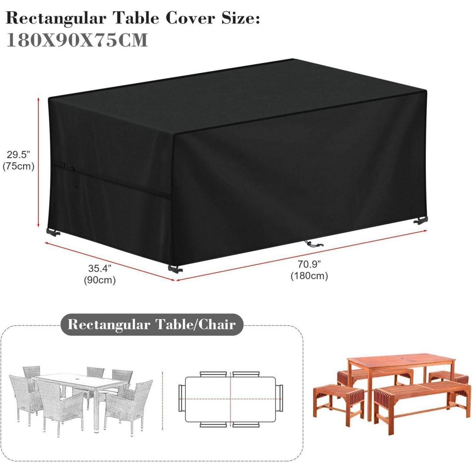 Rechteckige Tischdecke, Größe 180x90x75 cm, dargestellt auf einer Außenmöbel-Garnitur mit beschrifteten Abmessungen. Beinhaltet Beispiele für Essgarnituren.