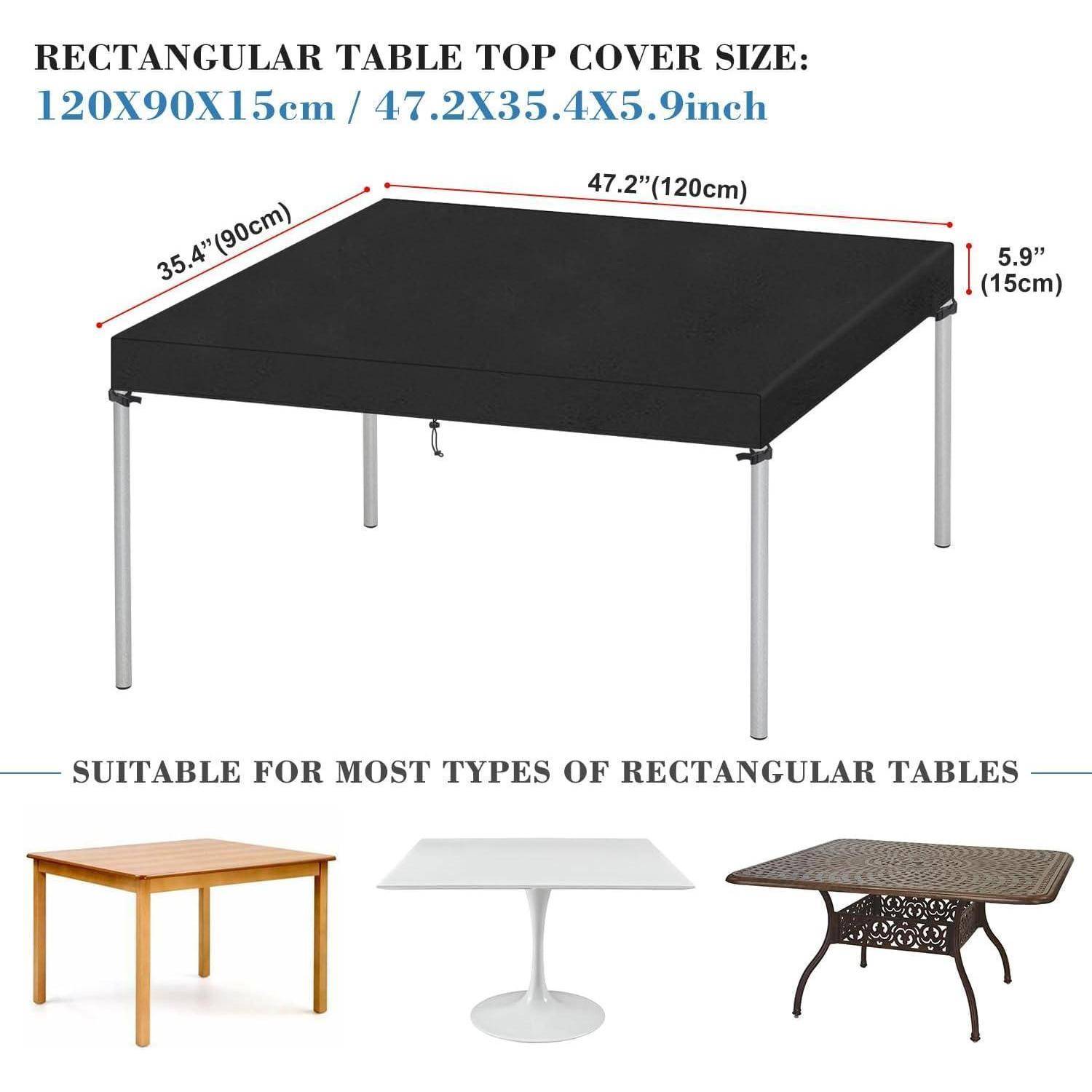 Rechteckige schwarze Tischdecke, die auf einem rechteckigen Tisch platziert ist. Abmessungen: 120x90x15 cm oder 47,2x35,4x5,9 Zoll. Passt auf die meisten rechteckigen Tische.