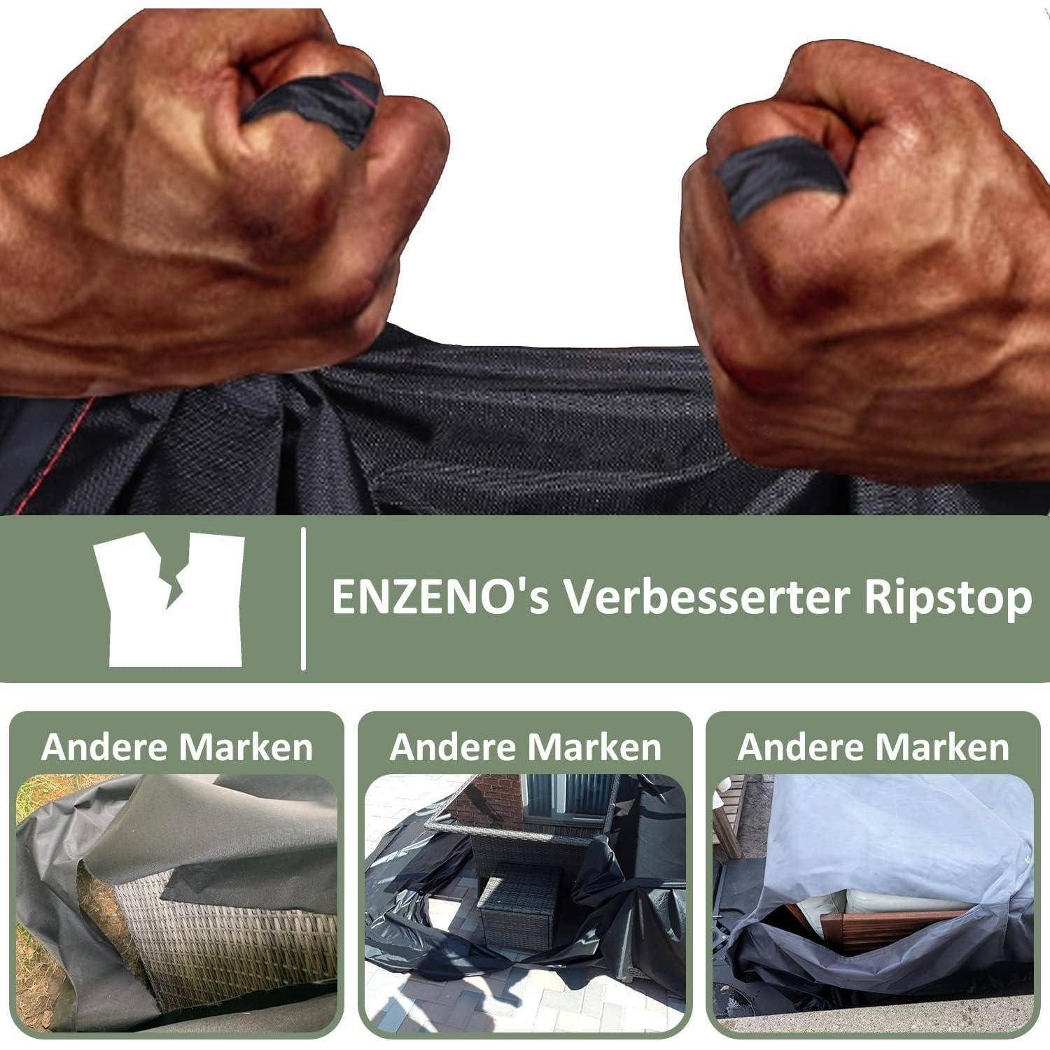 Hände, die einen schwarzen Stoff ziehen und dabei dessen Strapazierfähigkeit demonstrieren. Darunter Vergleichsbilder von zerrissenen Stoffen mit der Beschriftung 'Andere Marken', während der Ripstop-Stoff von ENZENO unversehrt bleibt.