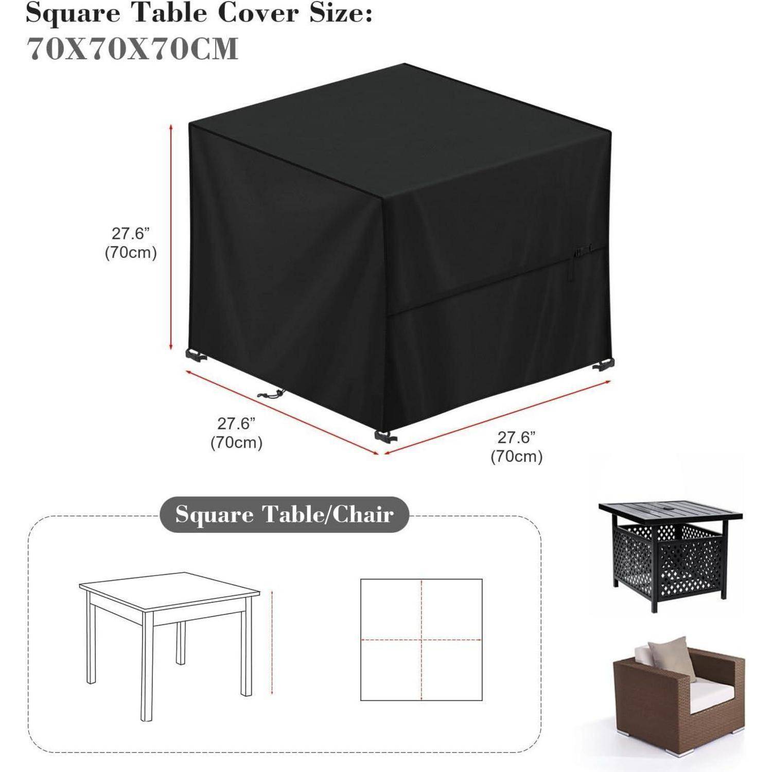 Tischdecke für einen quadratischen Tisch, Maße 70x70x70 cm, präsentiert auf einem schwarzen Tisch mit einer Diagrammdarstellung, die das Aufsetzen über einen Tisch und Stuhl zeigt.