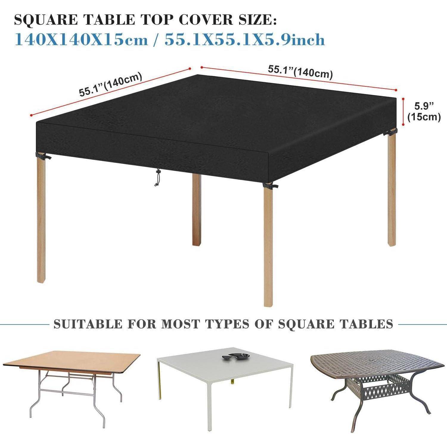 Quadratische Tischdecke mit den Maßen 140x140x15 cm oder 55,1x55,1x5,9 Zoll. Passt auf die meisten quadratischen Tische, dargestellt mit drei Beispielen.