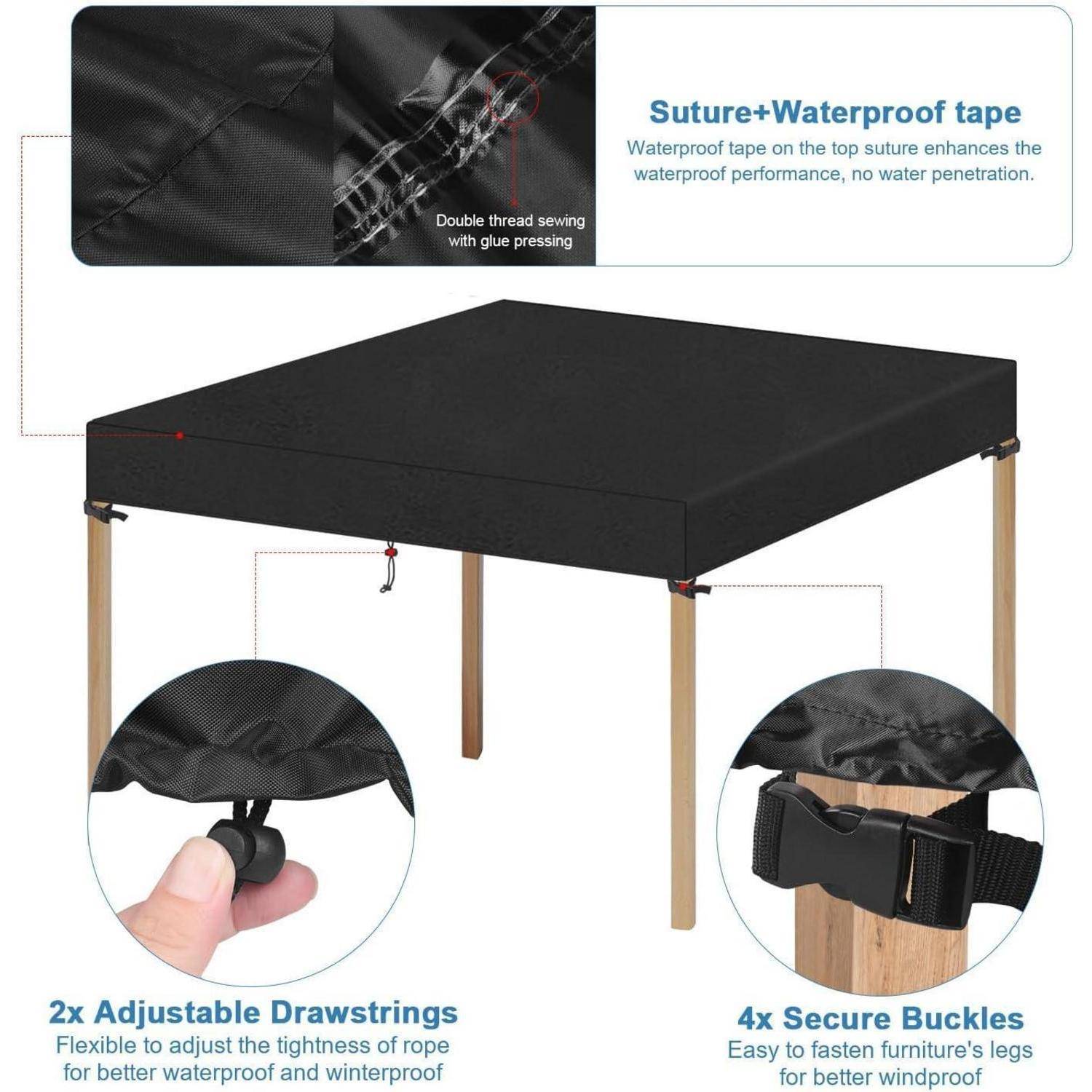 Eine schwarze Tischdecke mit ‚Suture+Wasserdichtes Klebeband', 2 verstellbaren Kordelzügen und 4 sicheren Schnallen für verbesserten Wasser- und Windschutz.
