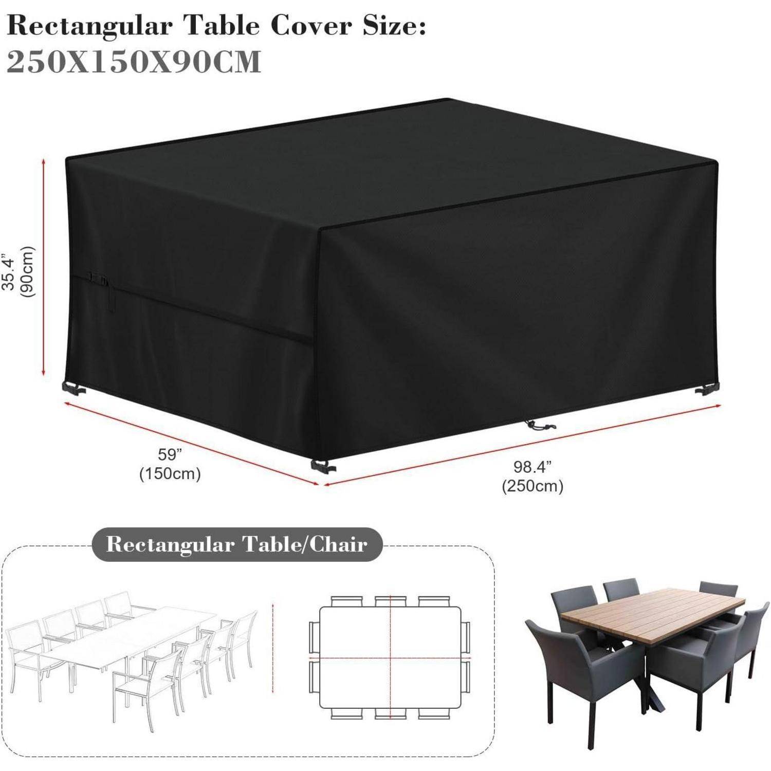Rechteckige schwarze Tischdecke mit den Maßen 250x150x90 cm. Passt auf große Tische oder mehrere Stühle. Auf einer Skizze und einem Esstisch dargestellt.
